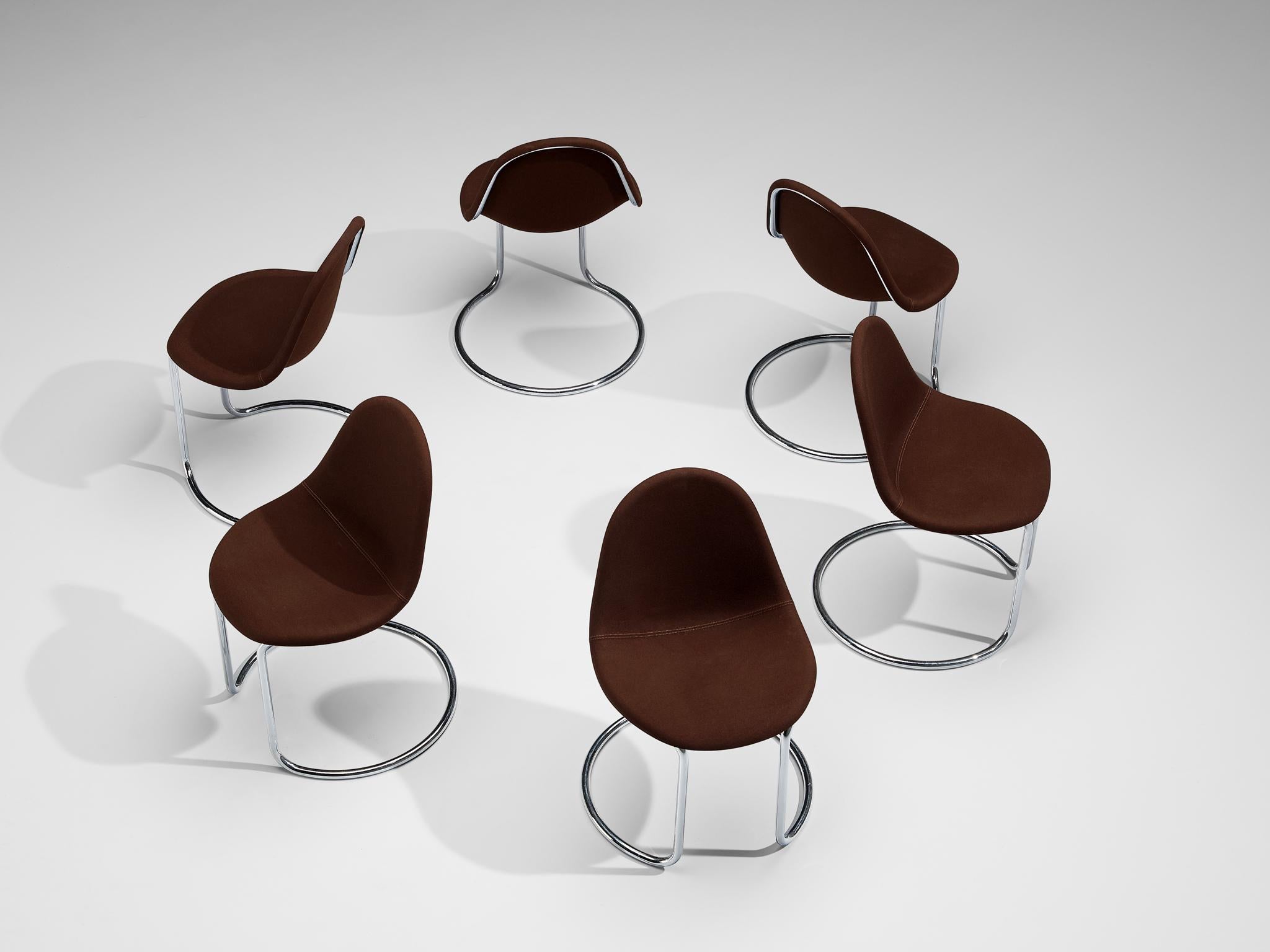 Giotto Stoppino for Bernini, set of six 'Maya' chairs, fabric, chromed steel, Italy, 1969

A set of six 'Maya' chairs by Italian designer Giotto Stoppino, manufactured by Bernini. The chairs feature an organic shaped seat upholstered in a brown