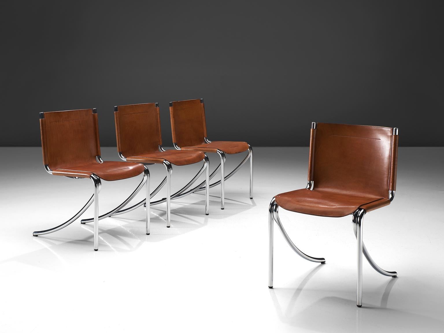 Giotto Stoppino, 'Jot' chairs, cognac leather and steel, Italy, 1971.

This elegant set of cantilevered tubular frame chairs are executed with the finest brown leather that is used as a shell for both seat and back. The sides of the chair feature