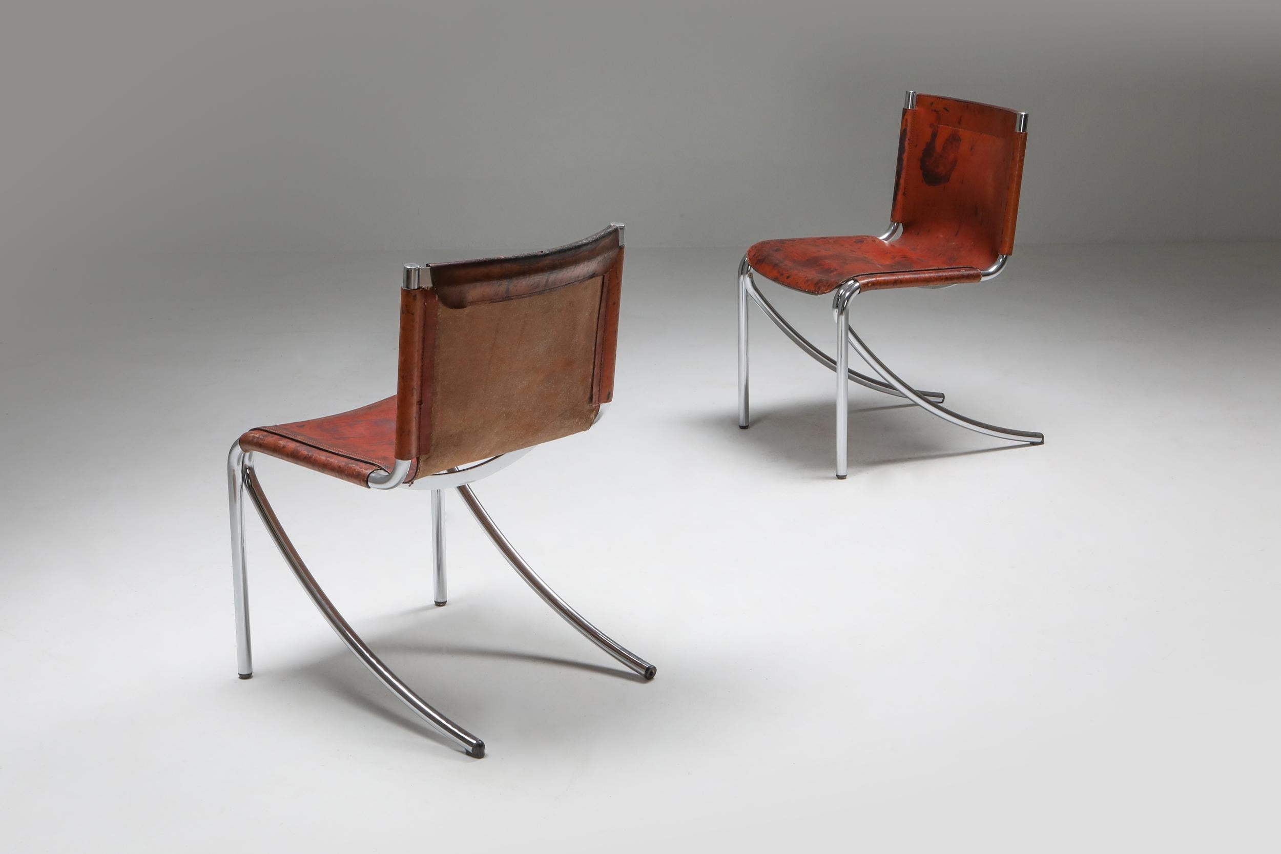 Giotto Stoppino Leather and Chrome Dining Chairs Model Jot In Good Condition In Antwerp, BE