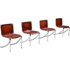 Giotto Stoppino Leather and Chrome Dining Chairs Model Jot