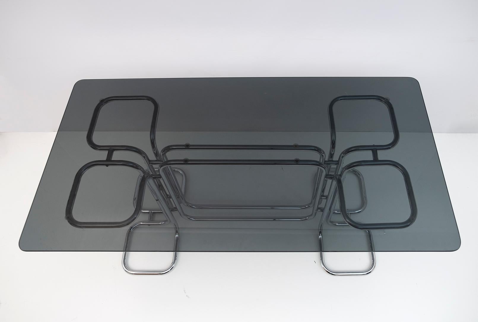 Late 20th Century Giotto Stoppino Mid-Century Modern Italian Glass Smoked Top Dining Table, 1970s For Sale