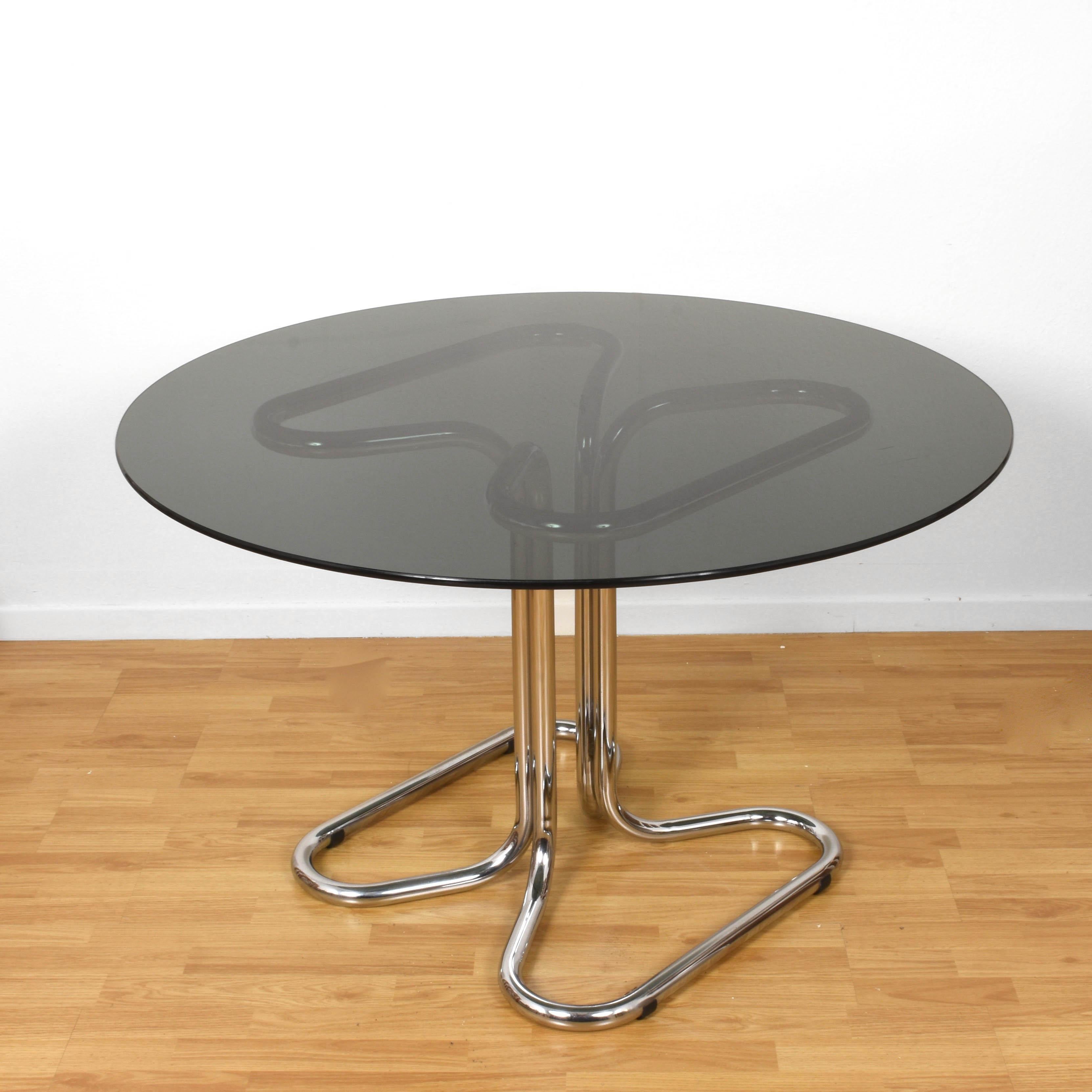 Mid-Century Modern Giotto Stoppino Midcentury Chrome Base and Smoked Glass Top Dining Table, 1970s
