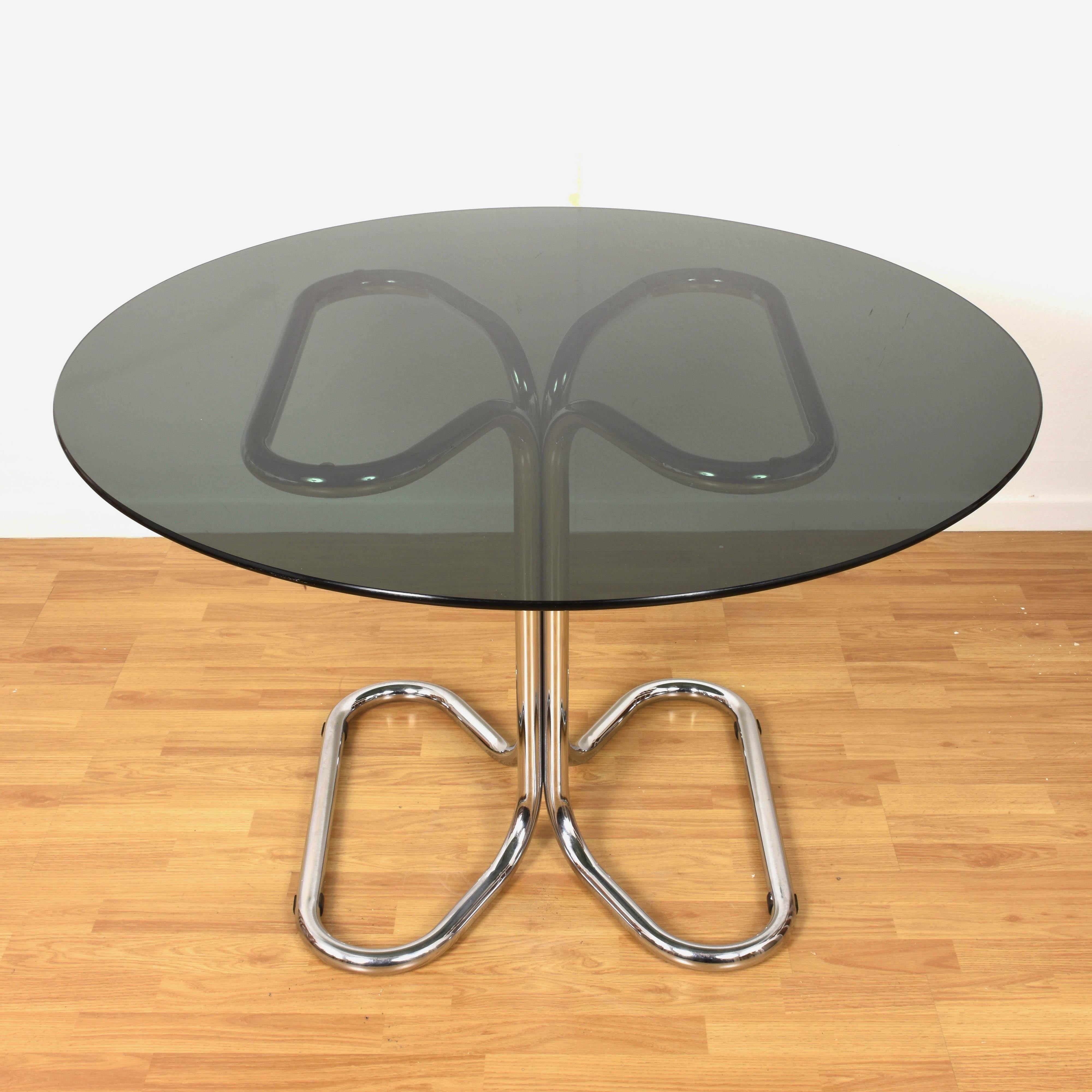 Italian Giotto Stoppino Midcentury Chrome Base and Smoked Glass Top Dining Table, 1970s