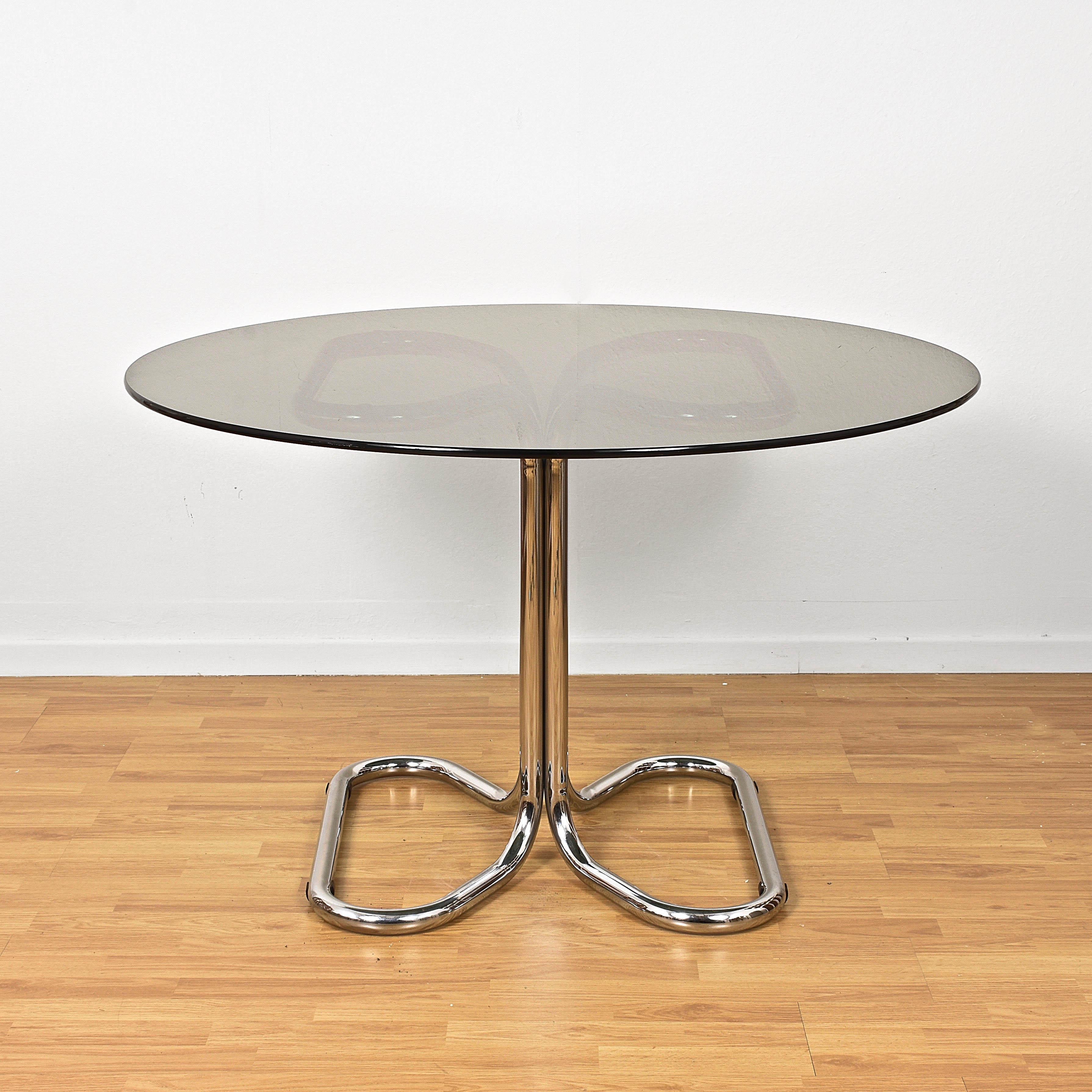 Giotto Stoppino Midcentury Chrome Base and Smoked Glass Top Dining Table, 1970s In Good Condition In Roma, IT