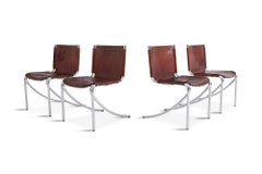 Giotto Stoppino Patinated Red Leather and Chrome Vintage Dining Chairs Model Jot
