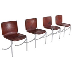 Giotto Stoppino Patinated Red Leather and Chrome Vintage Dining Chairs Model Jot