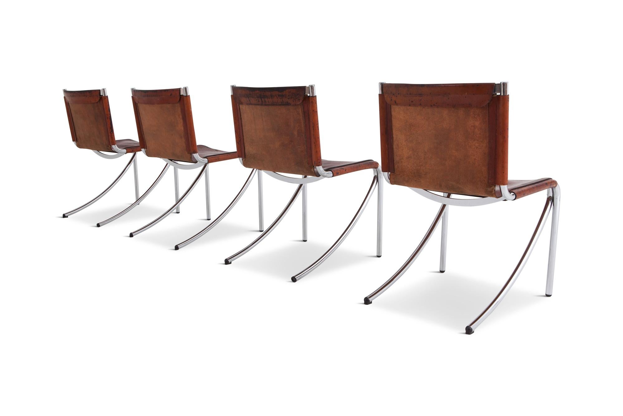 Post-Modern Giotto Stoppino Patinated Red Leather and Chrome Vintage Dining Chairs Model Jot