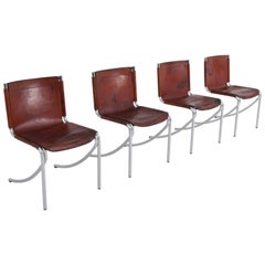 Giotto Stoppino - Chaises de salle à manger vintage en cuir rouge patiné et chrome, modèle Jot