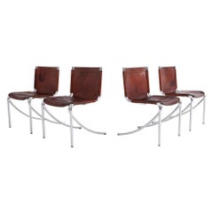 Giotto Stoppino Patinated Red Leather and Chrome Vintage Dining Chairs Model Jot