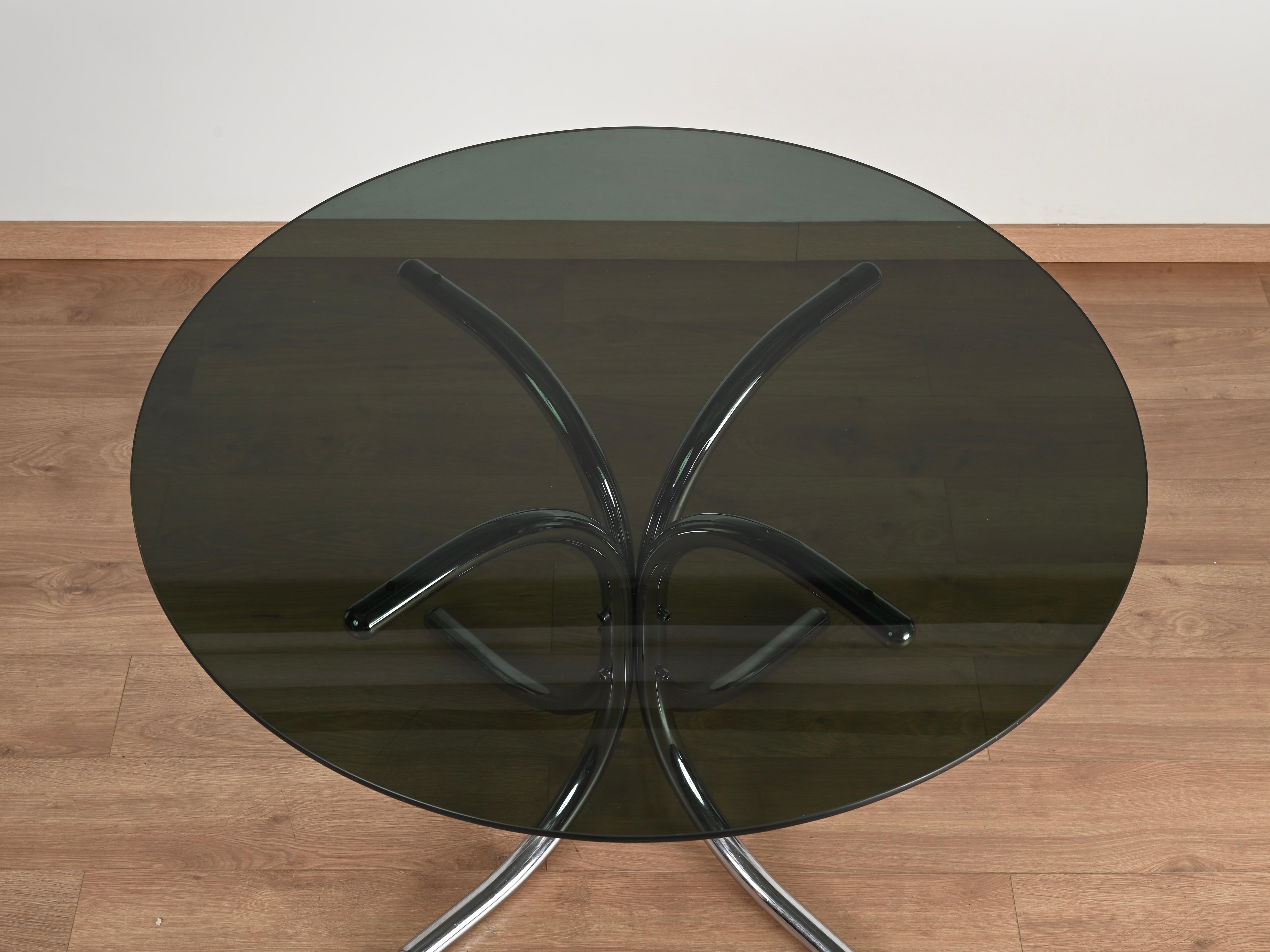 Giotto Stoppino, runder Esstisch aus Chrom und Rauchglas, Italien 1970er Jahre 2