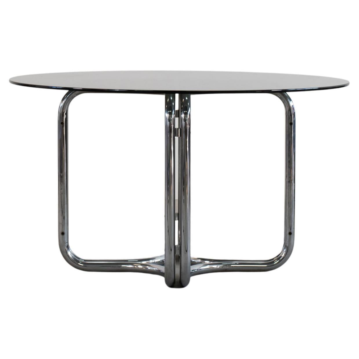 Giotto Stoppino Round Table with Steel Base and Glass on Top 1970s Italy