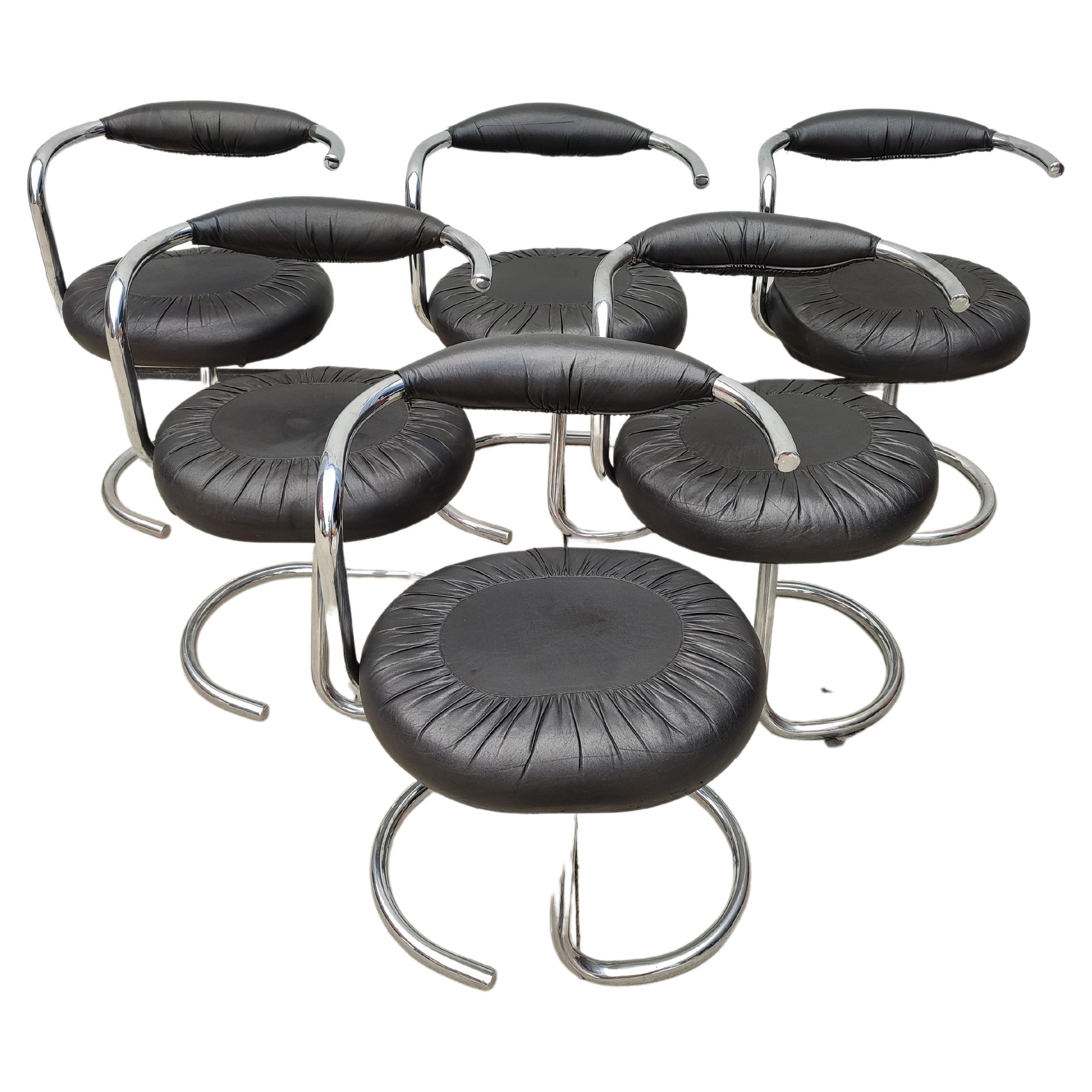 Set of 6 faux leather chairs from Giotto Stoppino with Chrome frame, Italy 1970s.