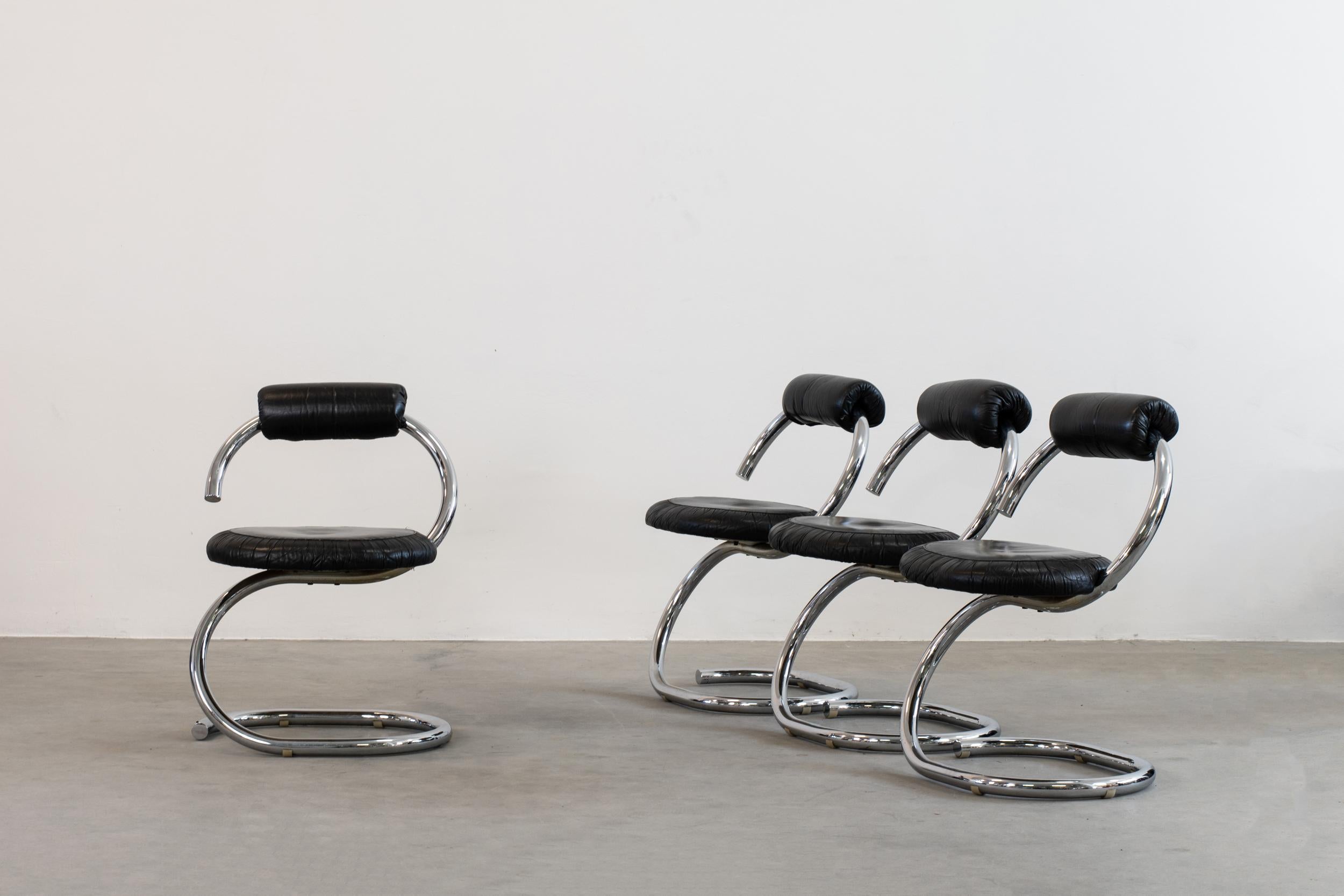 Set of four chairs model Cobra with chromed tubular steel structure and seat in padded faux leather (black), designed by Giotto Stoppino, in the 1970s.

Giotto Stoppino has been one of the architects that inspired the Neoliberty, the architectural