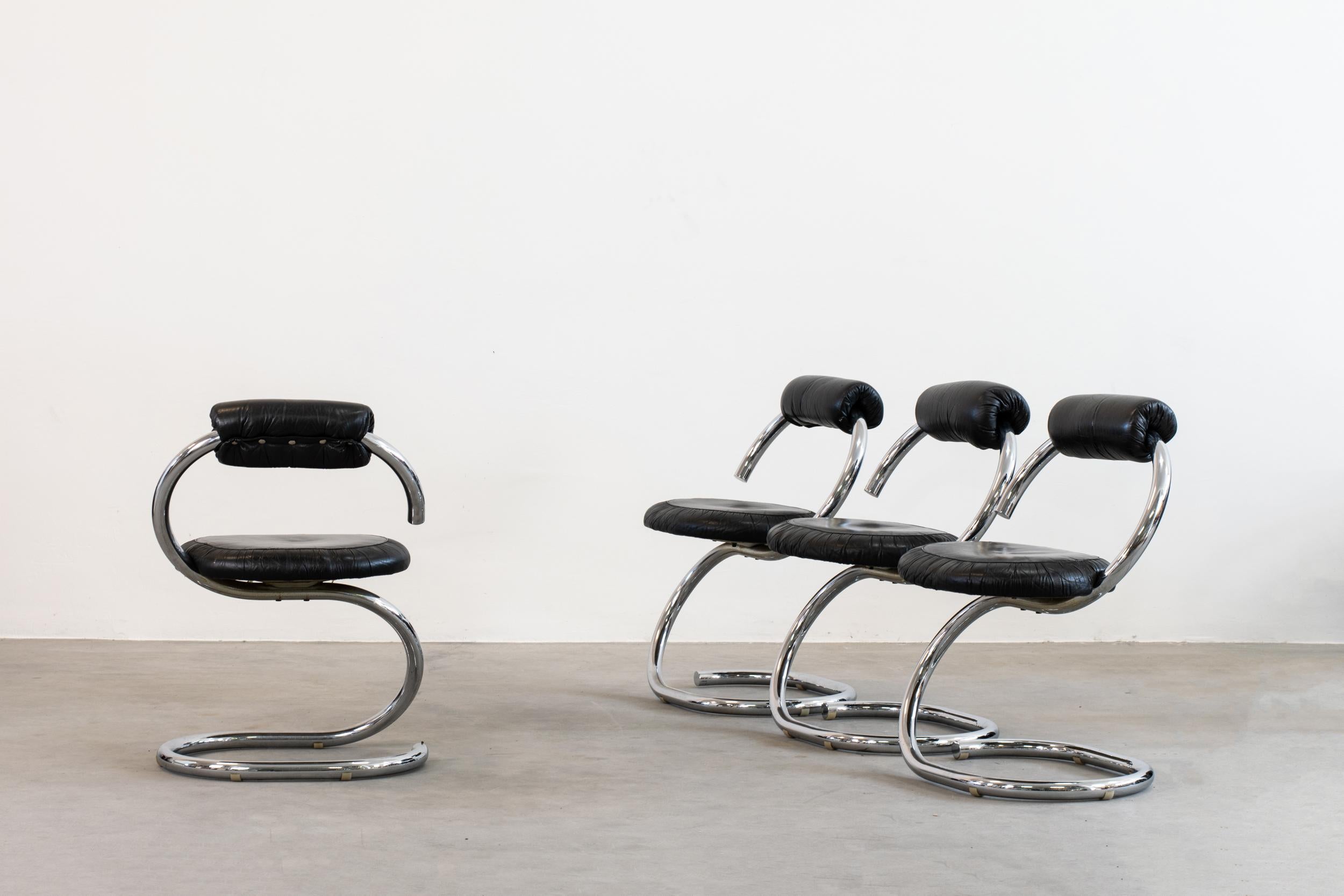 Space Age Giotto Stoppino Set of Four Cobra Chairs in Steel and Black Skai 1970s Italy