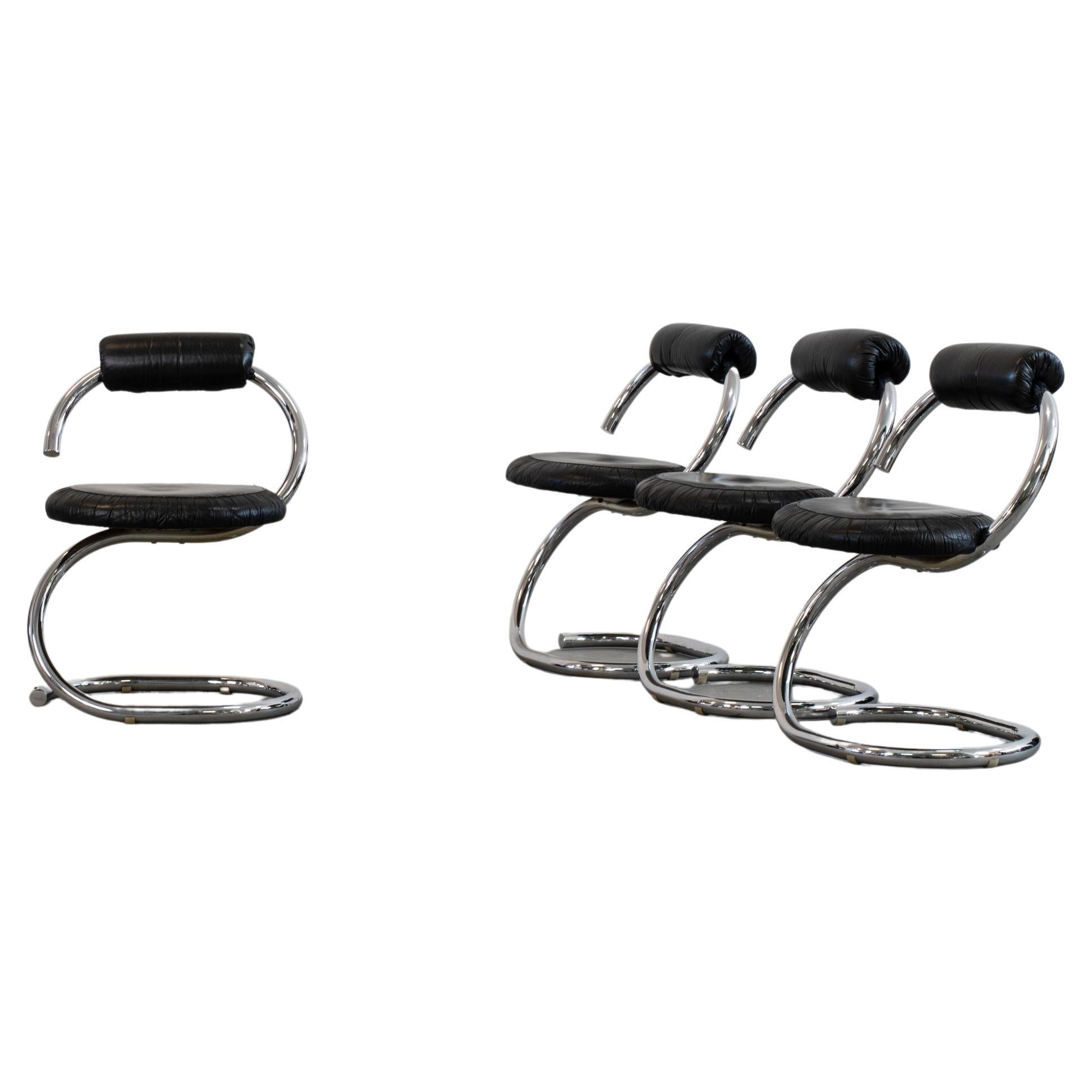 Giotto Stoppino Set of Four Cobra Chairs in Metal and Black Skai, 1970s