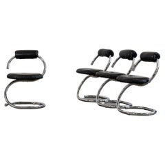 Giotto Stoppino Set of Four Cobra Chairs in Metal and Black Skai, 1970s