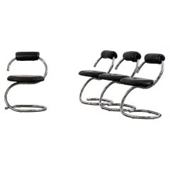 Giotto Stoppino Set of Four Cobra Chairs in Steel and Black Skai 1970s Italy