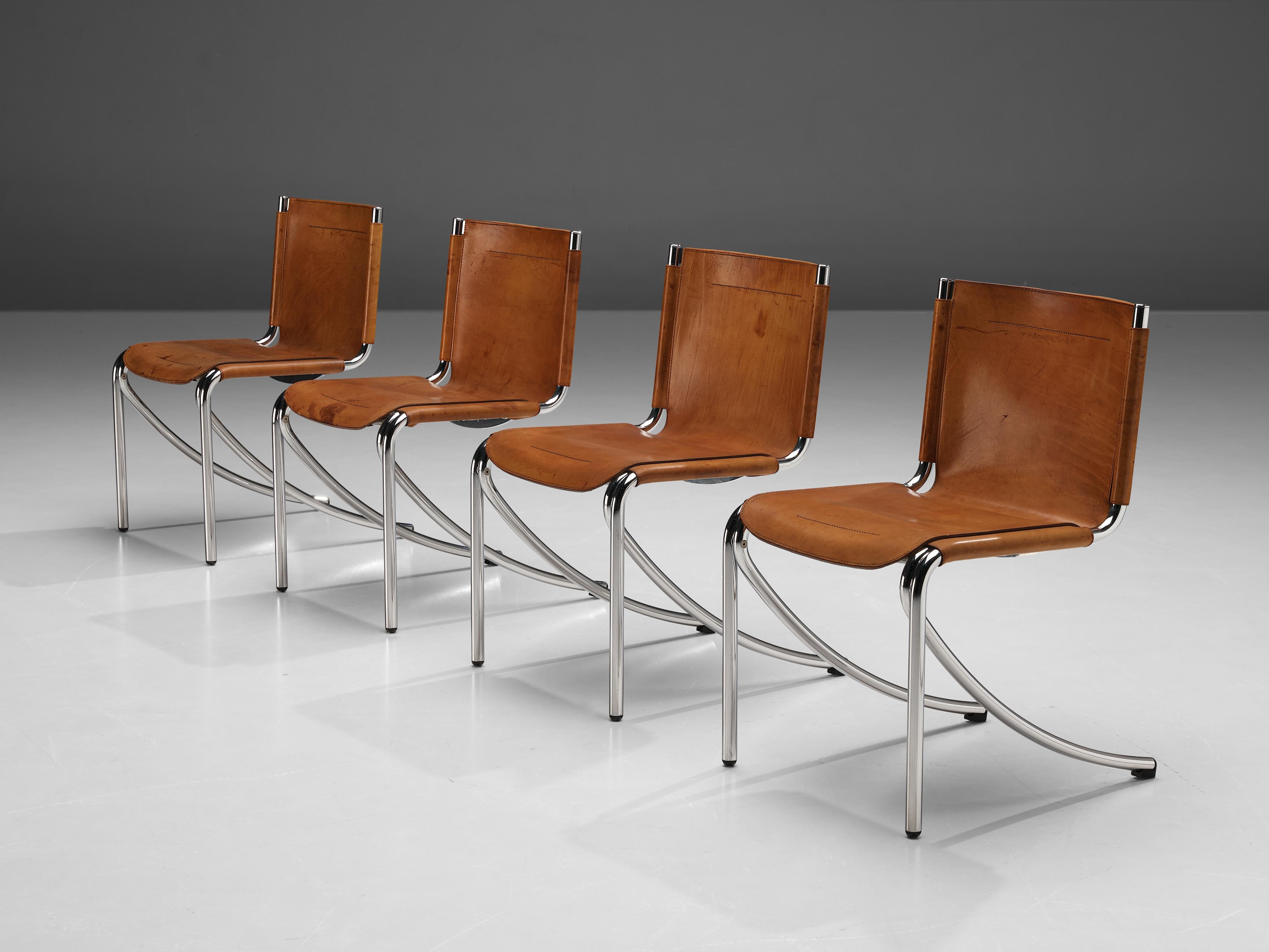 Mid-Century Modern Giotto Stoppino for Acerbis Set of Four Dining Chairs ‘Jot’ in Cognac Leather