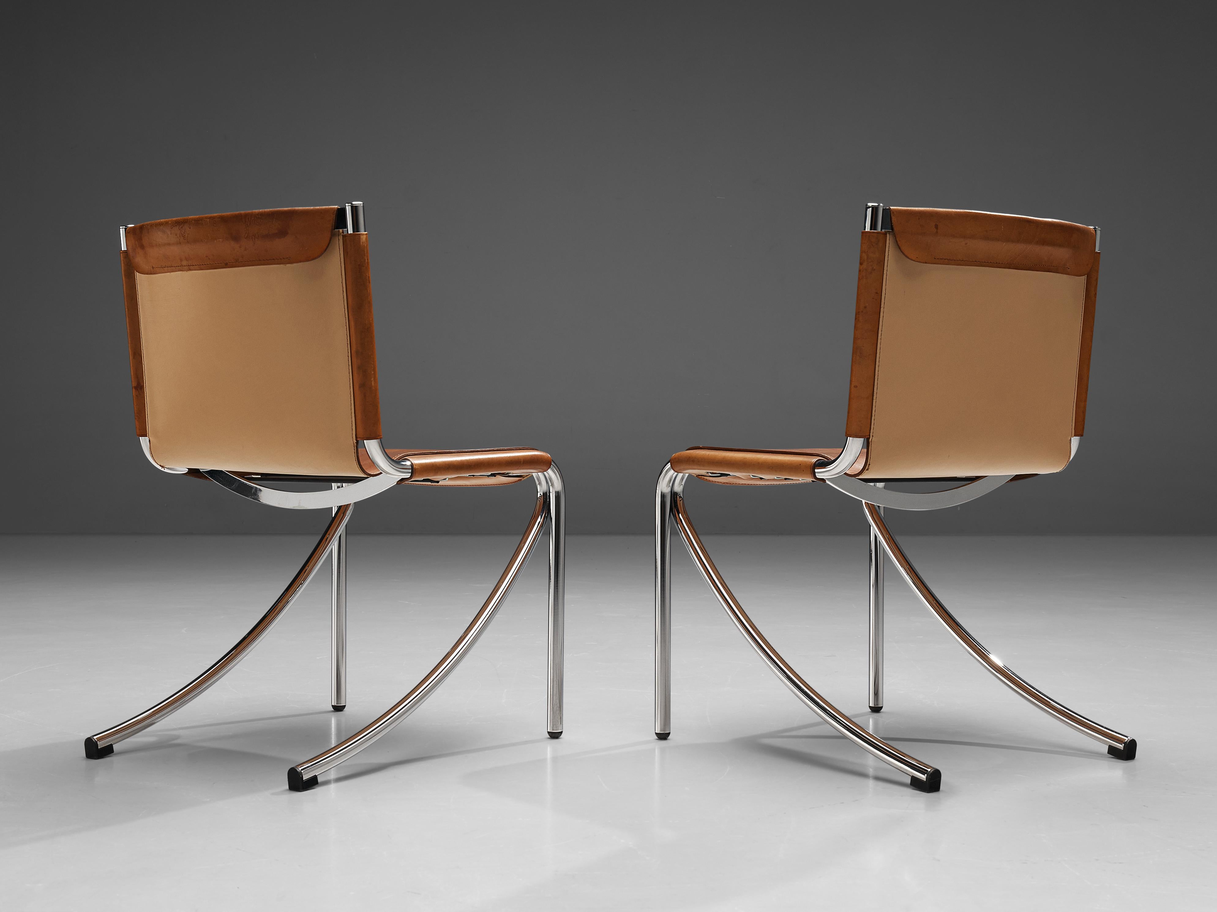 Steel Giotto Stoppino for Acerbis Set of Four Dining Chairs ‘Jot’ in Cognac Leather
