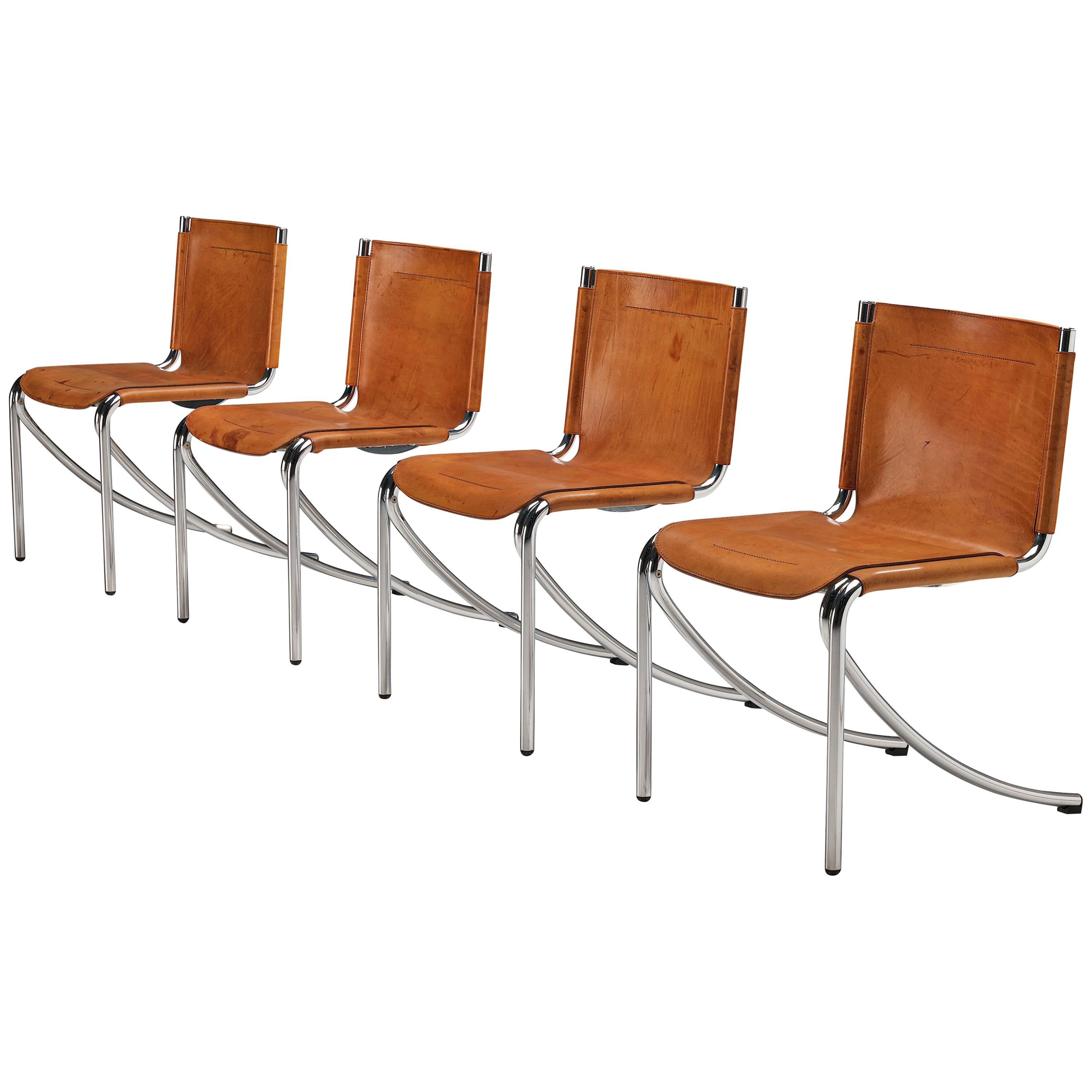 Giotto Stoppino Set of Four Dining Chairs Model ‘Jot’ in Cognac Leather
