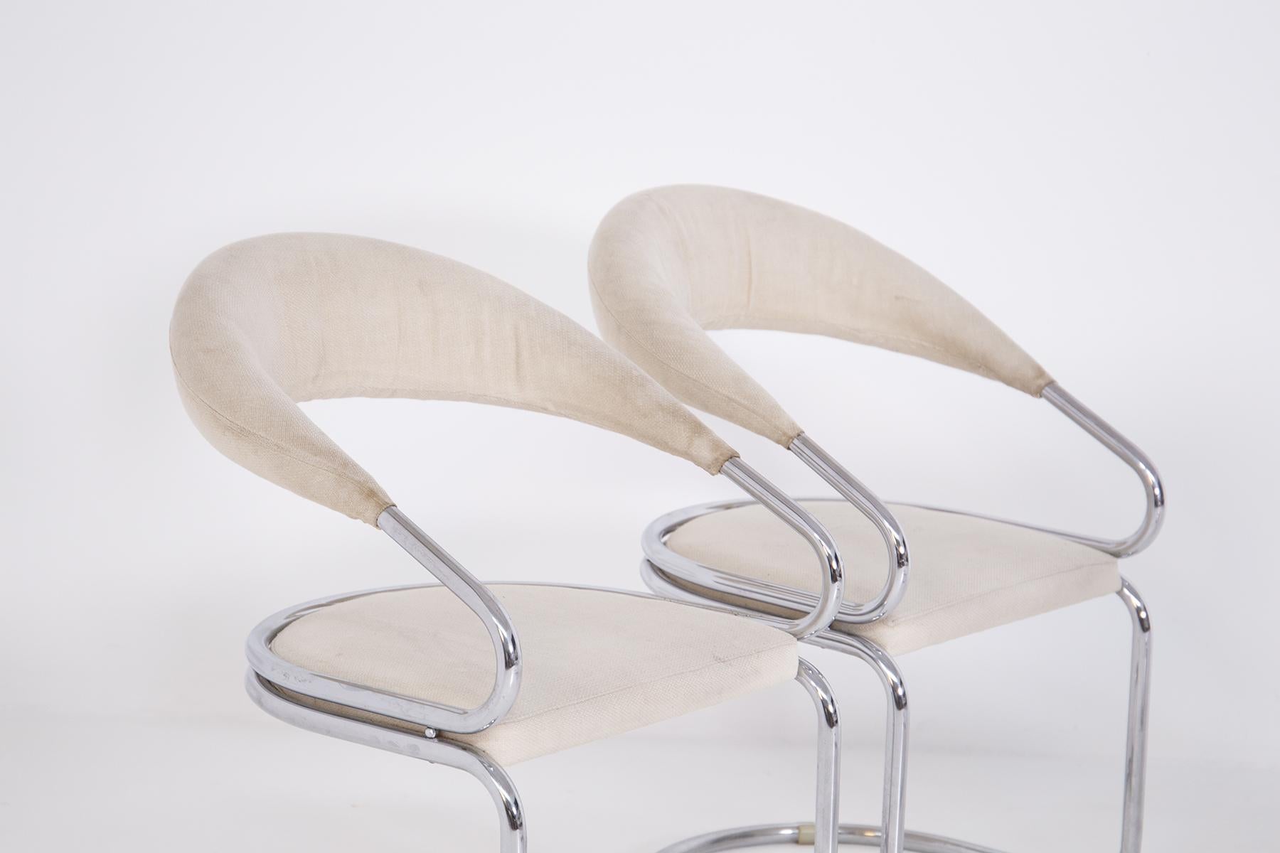 Giotto Stoppino Set of Four Italian Chairs in Steel and Beige Cotton 5