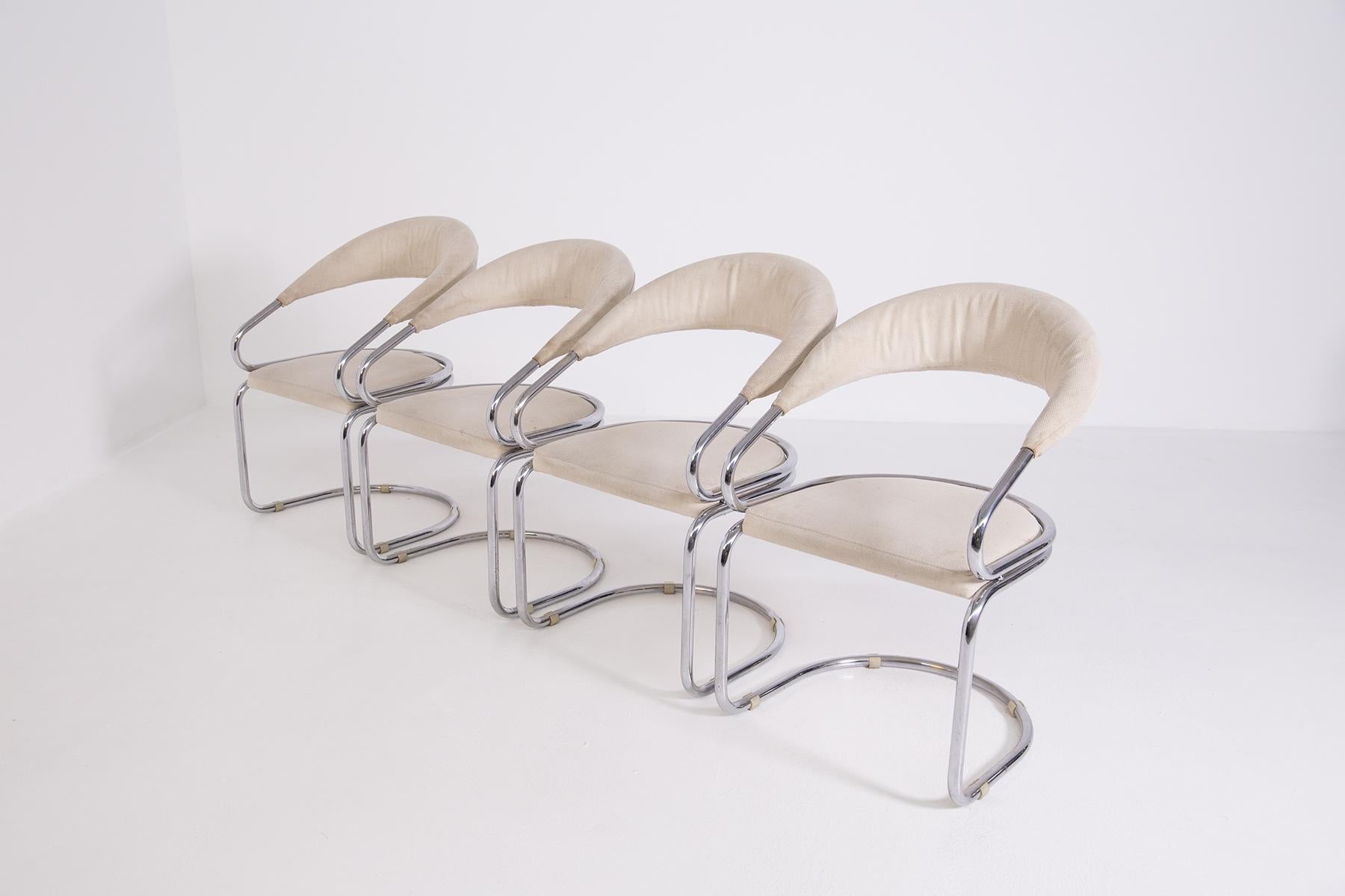 Giotto Stoppino Set of Four Italian Chairs in Steel and Beige Cotton 7