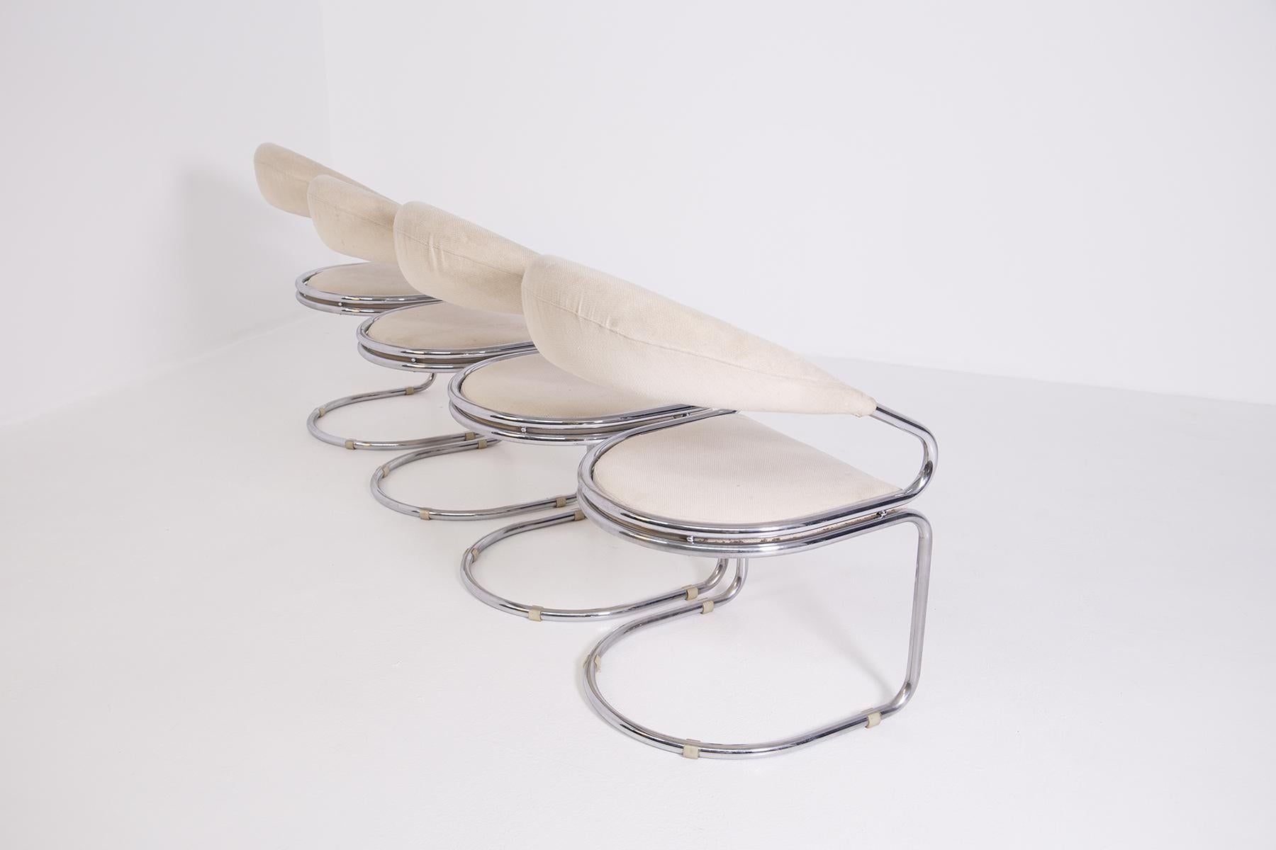 Giotto Stoppino Set of Four Italian Chairs in Steel and Beige Cotton 11