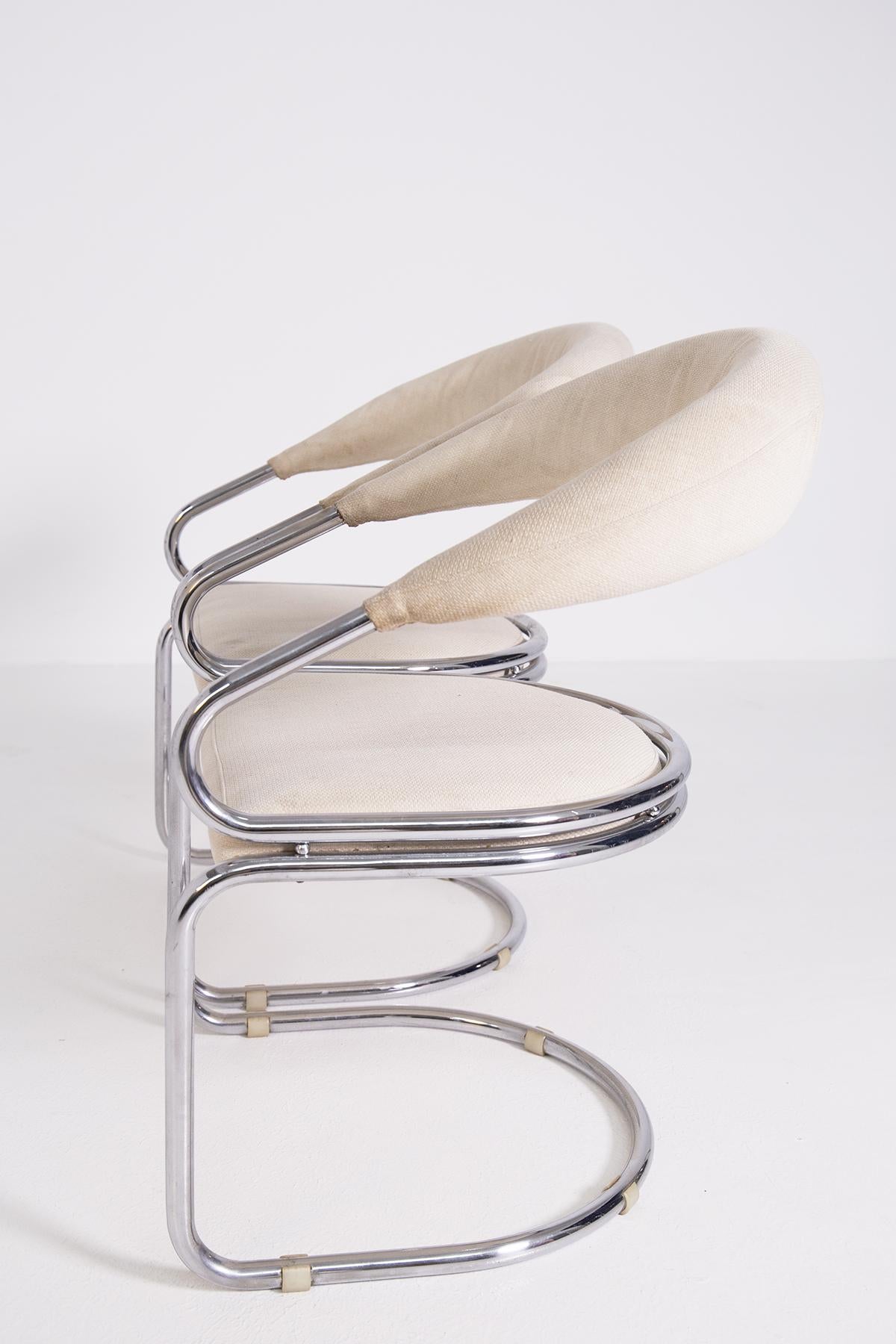 Giotto Stoppino Set of Four Italian Chairs in Steel and Beige Cotton 12