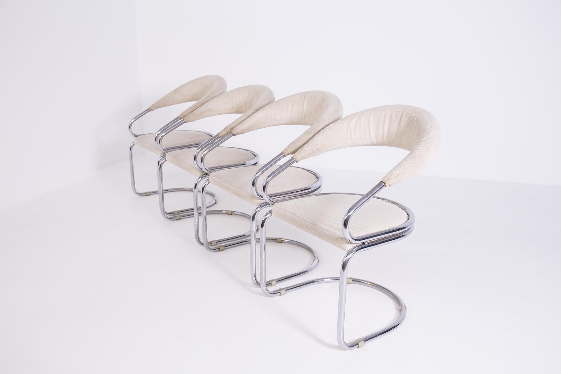 Mid-Century Modern Giotto Stoppino Set of Four Italian Chairs in Steel and Beige Cotton