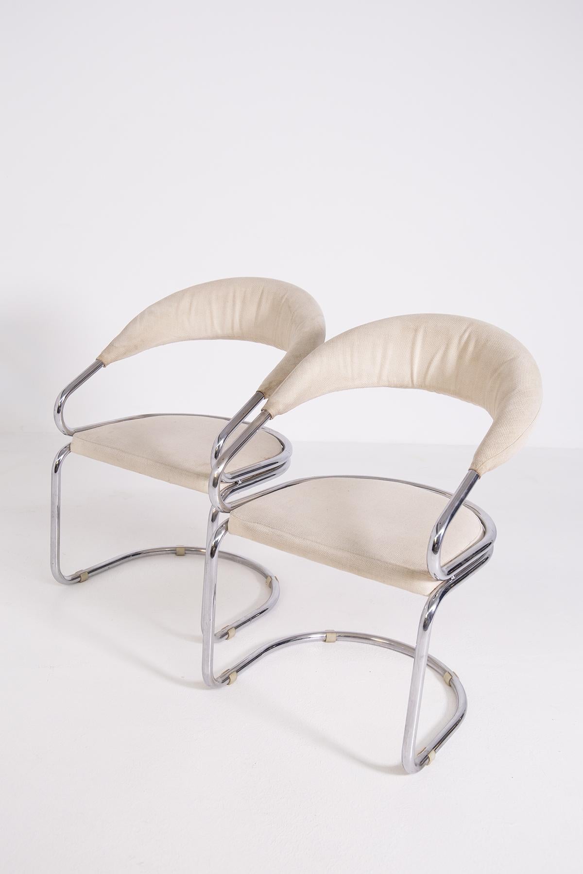 Giotto Stoppino Set of Four Italian Chairs in Steel and Beige Cotton In Good Condition In Milano, IT