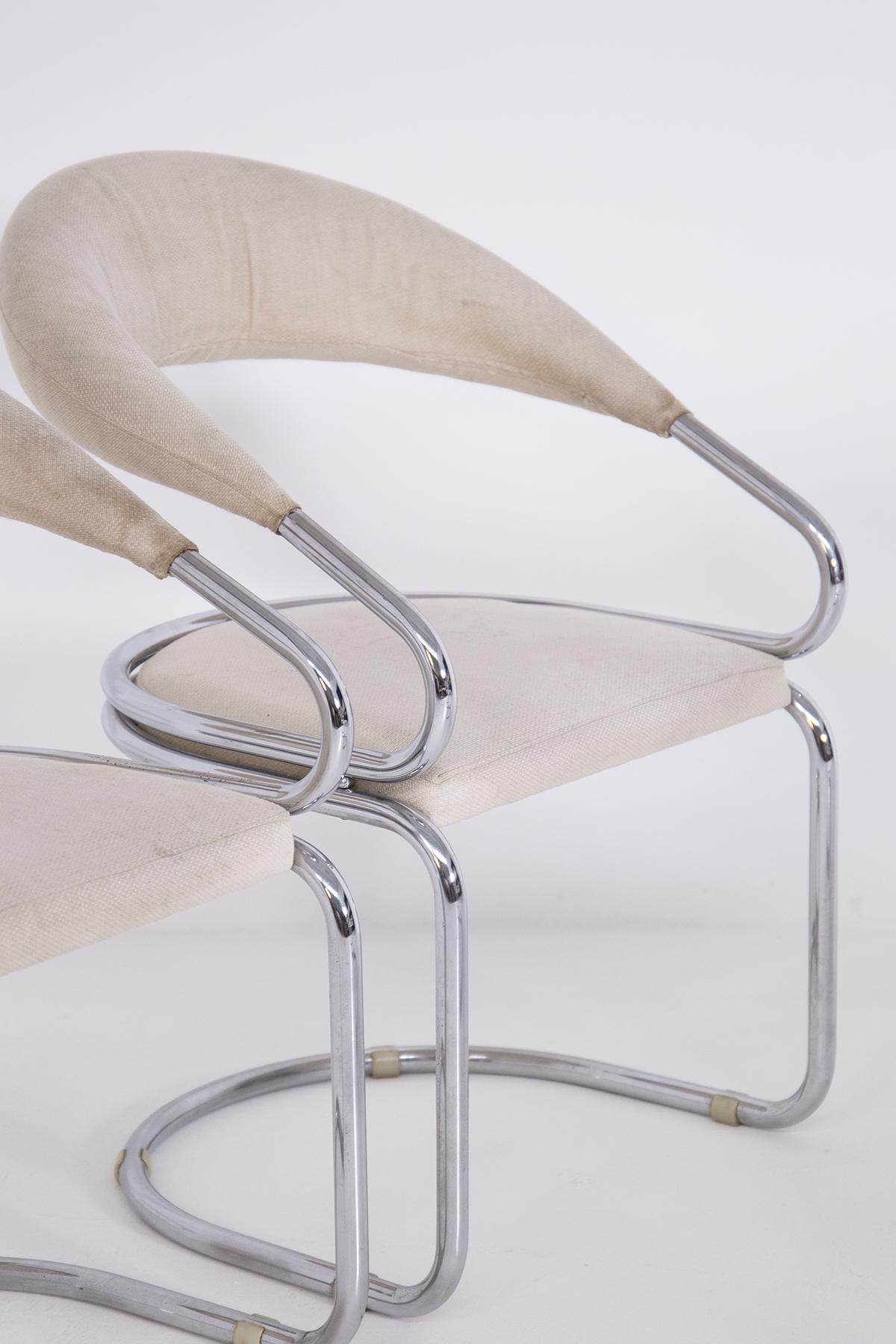 Mid-20th Century Giotto Stoppino Set of Four Italian Chairs in Steel and Beige Cotton