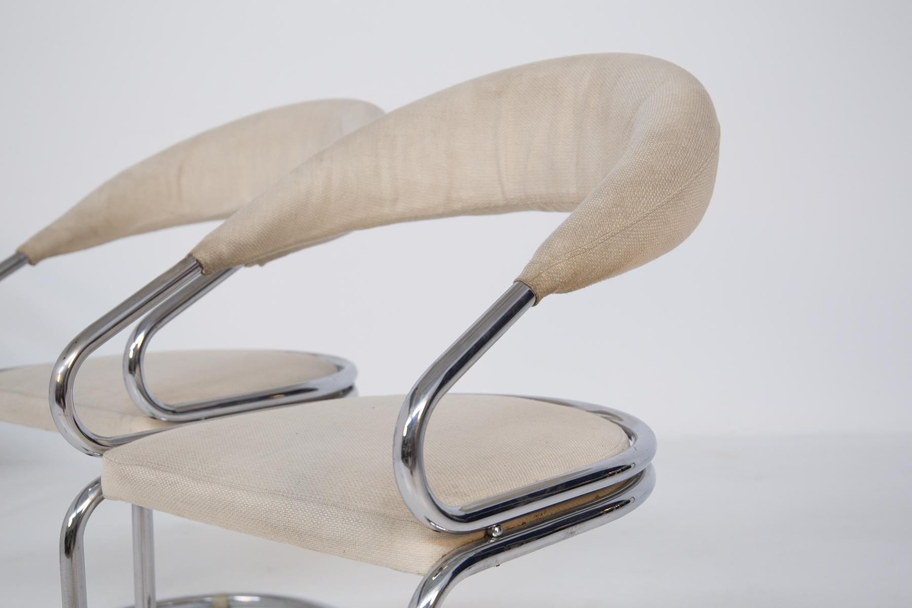 Giotto Stoppino Set of Four Italian Chairs in Steel and Beige Cotton 1