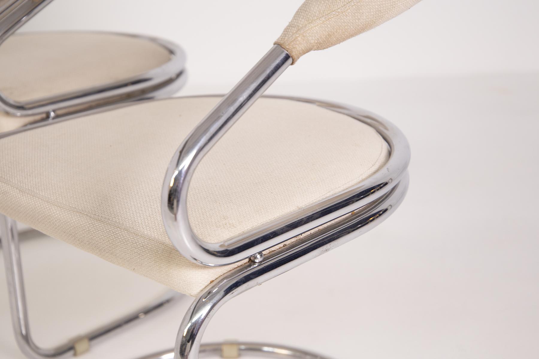 Giotto Stoppino Set of Four Italian Chairs in Steel and Beige Cotton 2
