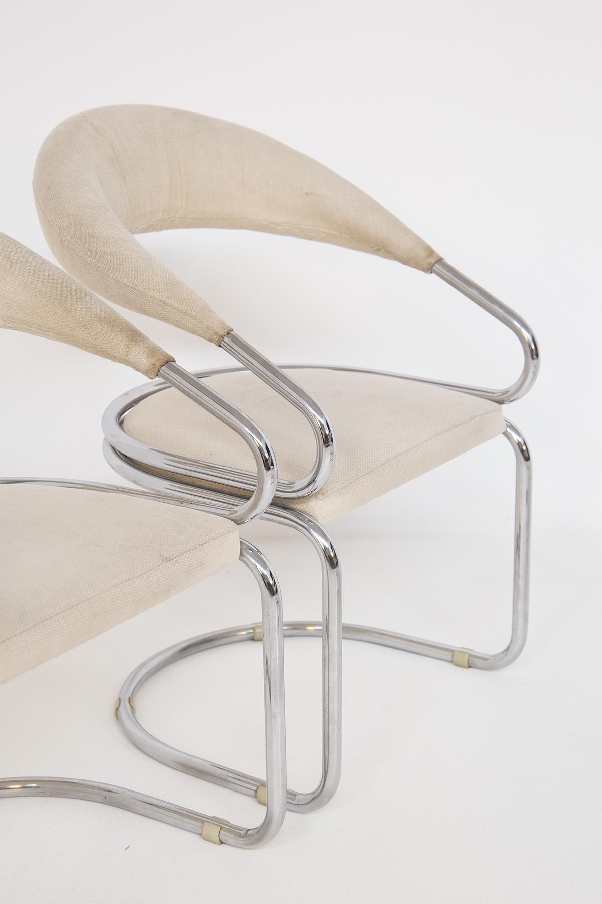 Giotto Stoppino Set of Four Italian Chairs in Steel and Beige Cotton 3