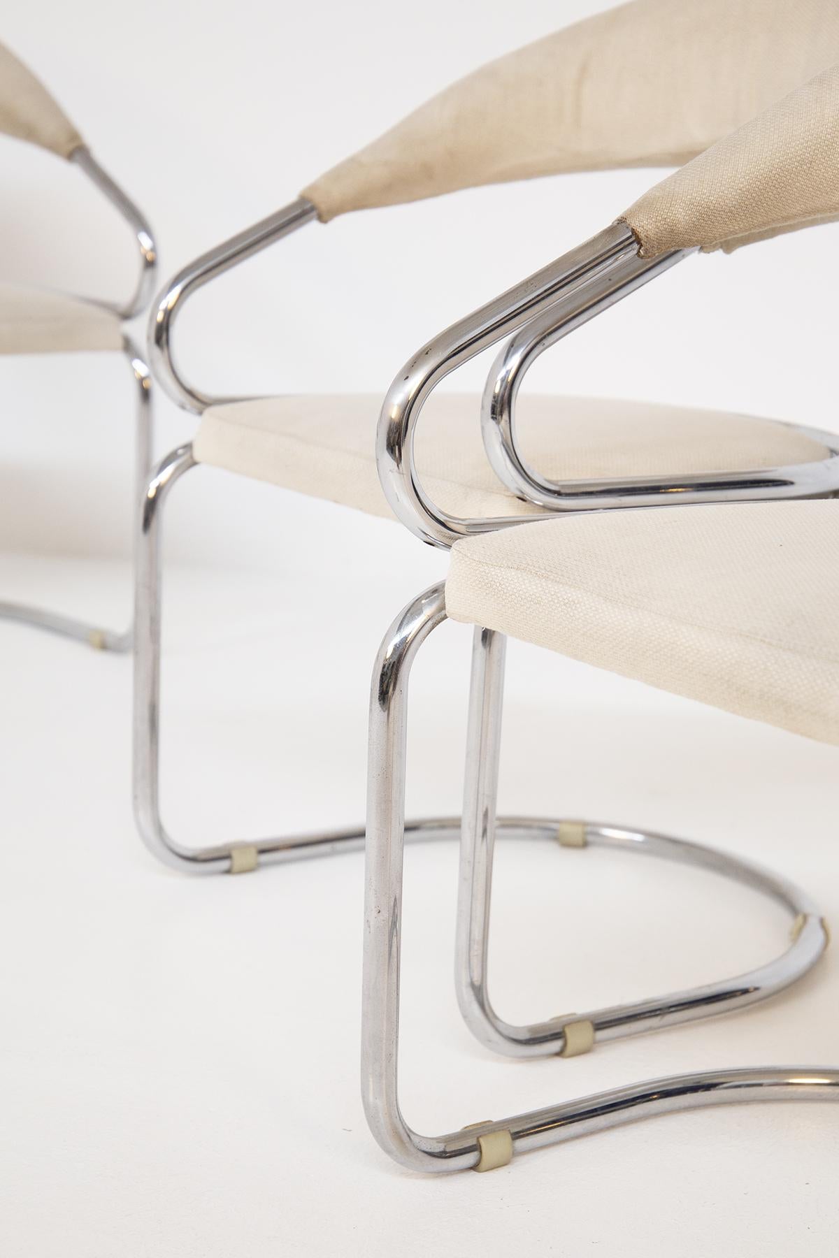 Giotto Stoppino Set of Four Italian Chairs in Steel and Beige Cotton 4