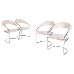 Giotto Stoppino Set of Four Italian Chairs in Steel and Beige Cotton