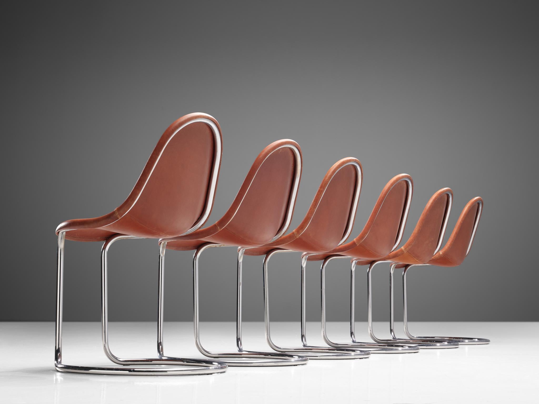 Mid-Century Modern Giotto Stoppino Set of Six 'Maya' Chairs in Cognac Leather