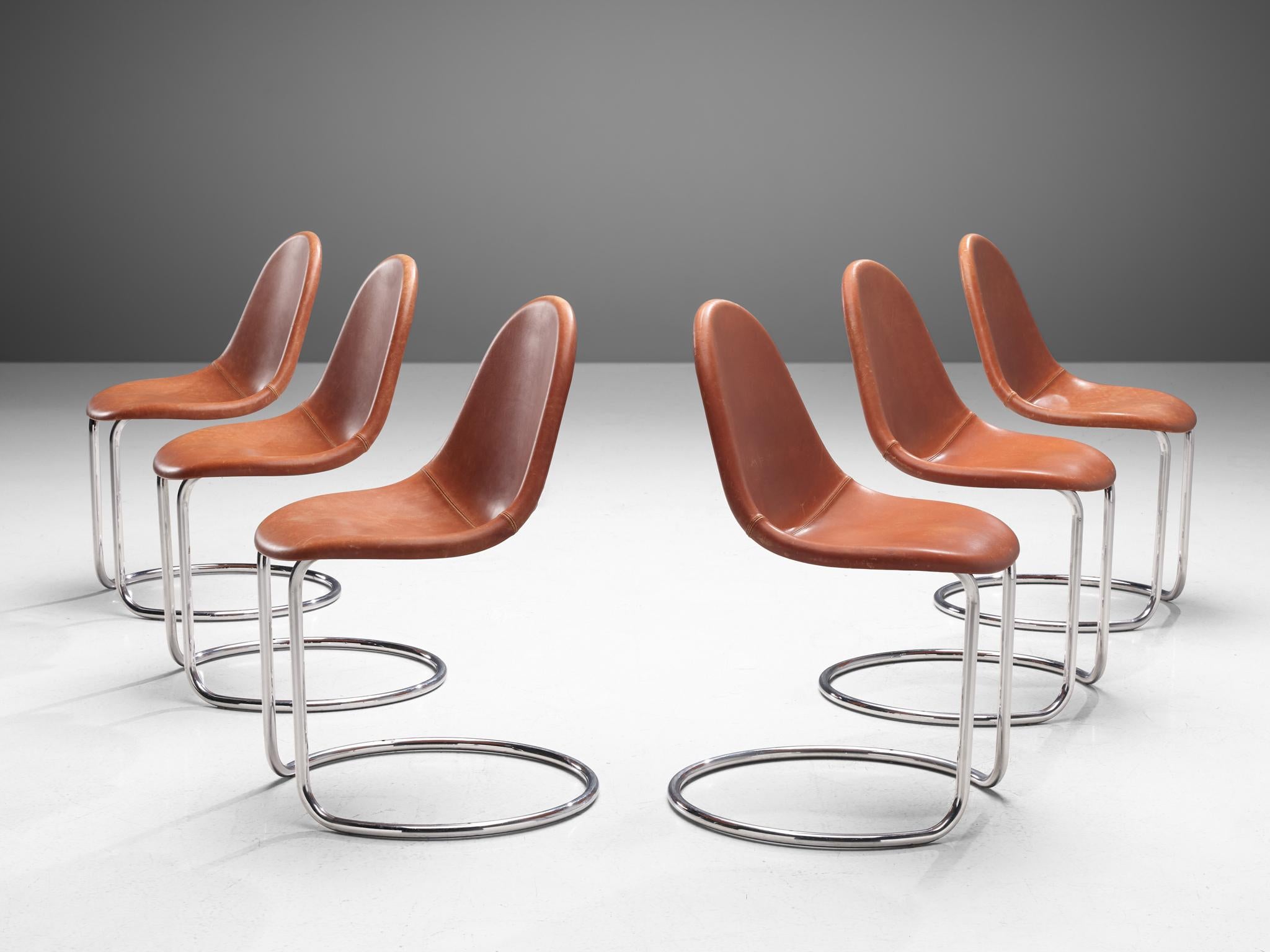Italian Giotto Stoppino Set of Six 'Maya' Chairs in Cognac Leather