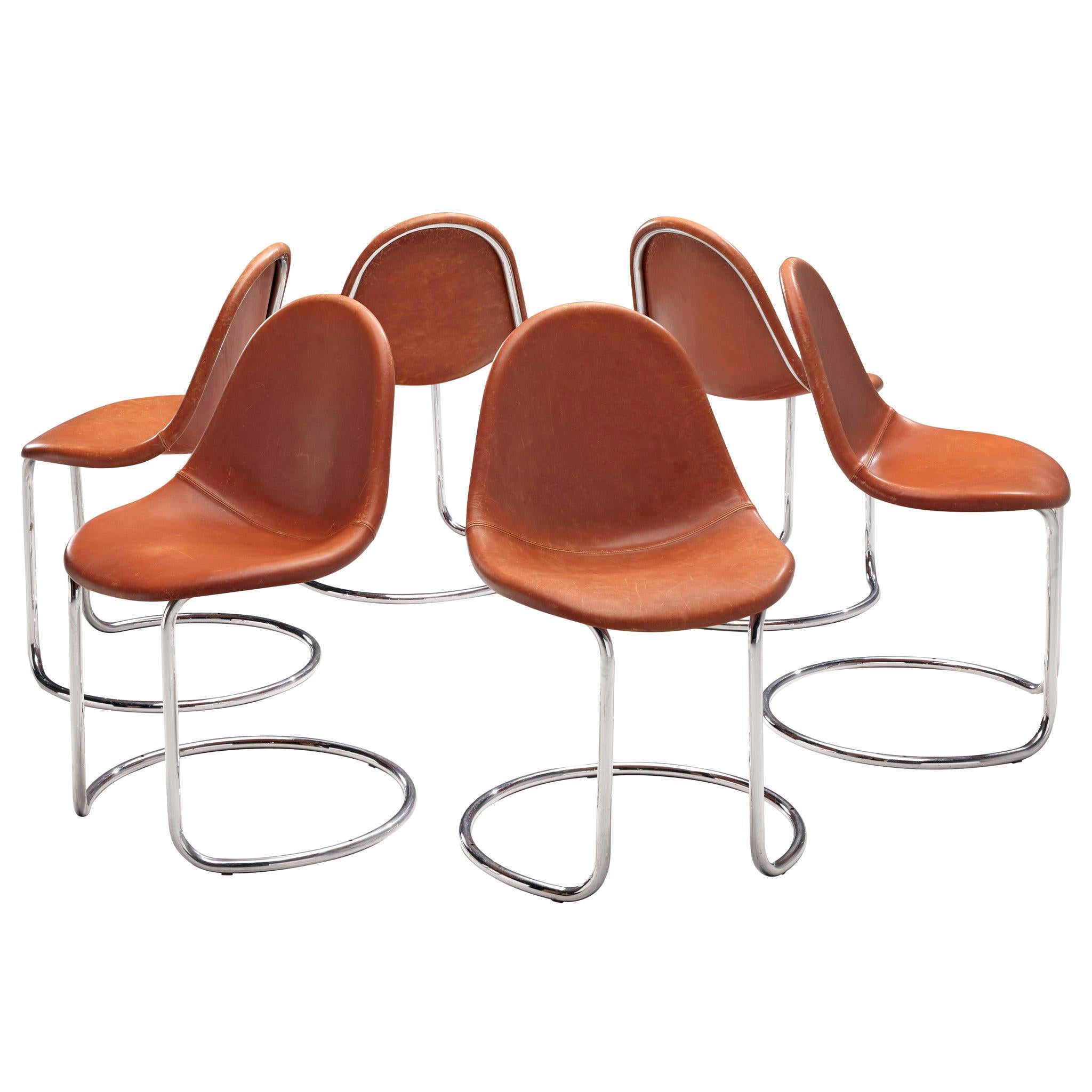 Giotto Stoppino Set of Six 'Maya' Chairs in Cognac Leather