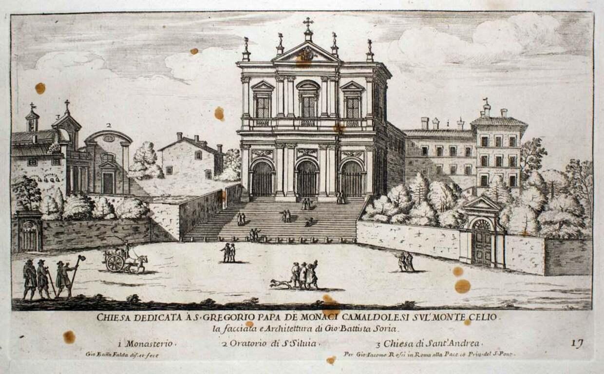 Giovan Battista Falda Landscape Print – Chiesa dedicata a S. Gregorio...  -  Radierung von G.B. Falda – Ende 1600