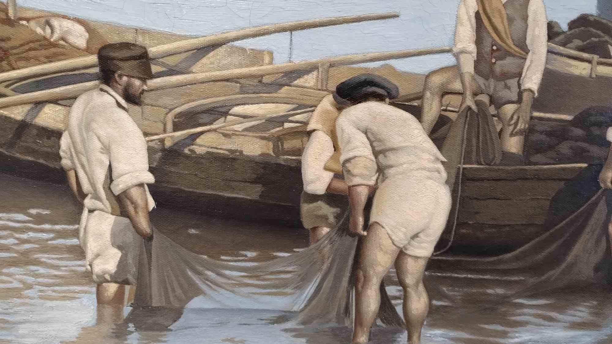 The Return from Fishing - Oil Paint by Giovan Battista Filosa - 1908 For Sale 1