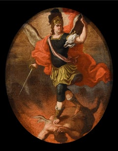 Saint Michael Archangel Devil Lama Paint Oil on canvas 17/18th Century Italy