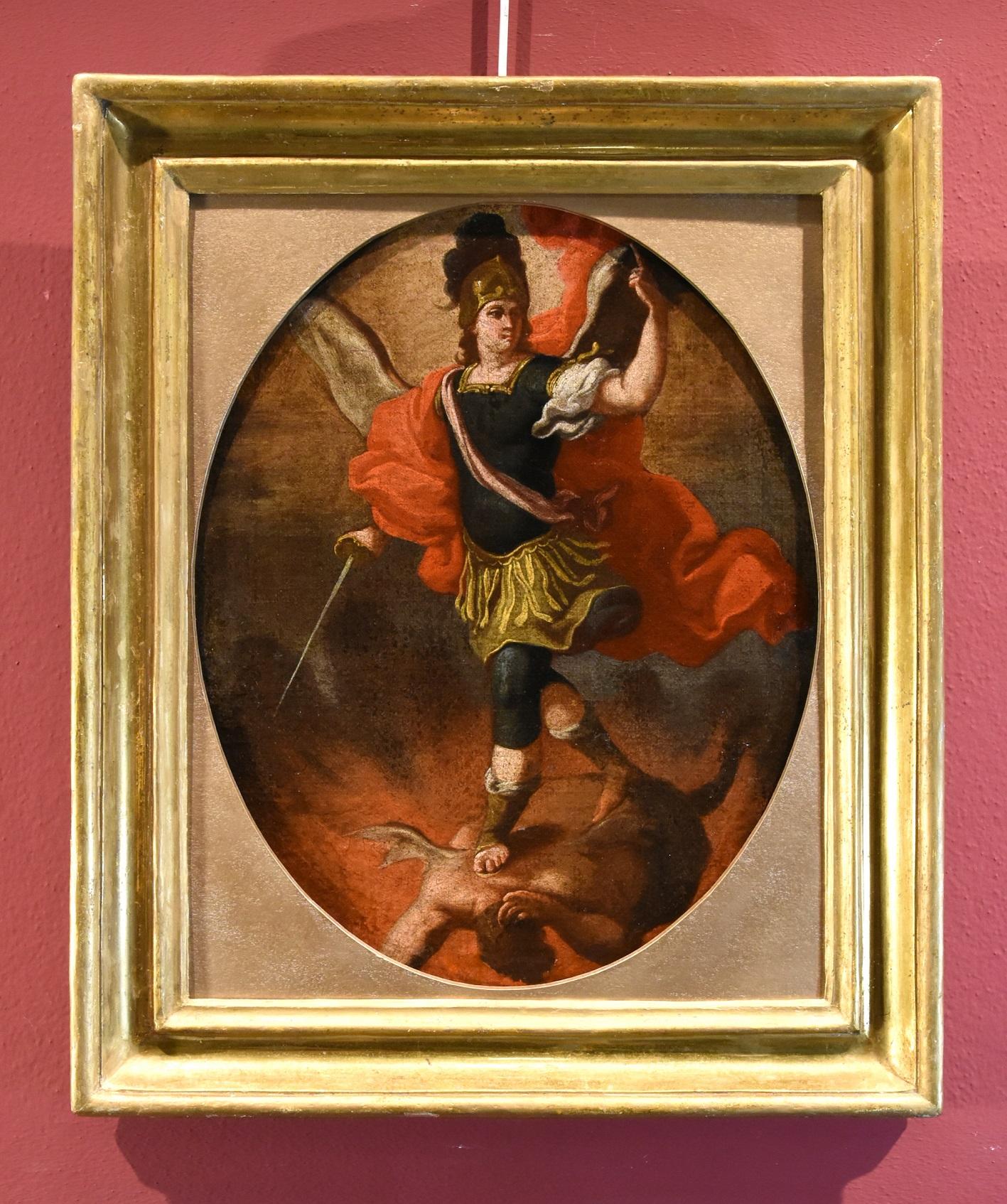Saint Michael Archangel Devil Lama Paint Oil on canvas 17/18th Century Italy - Painting by Giovan Battista Lama (Naples, 1673 - 1748)