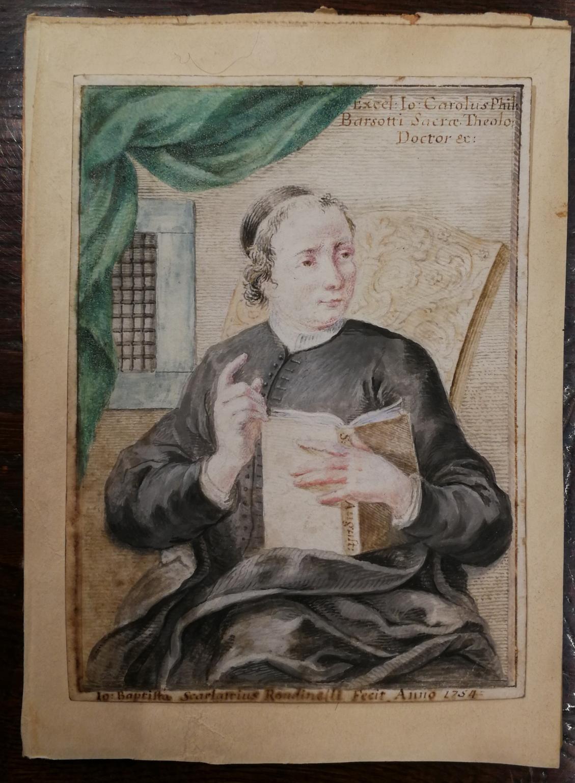 Dibujo figurativo religioso de retrato masculino del siglo XVIII sobre pergamino - Painting de Giovan Battista Scarlatti Rondinelli