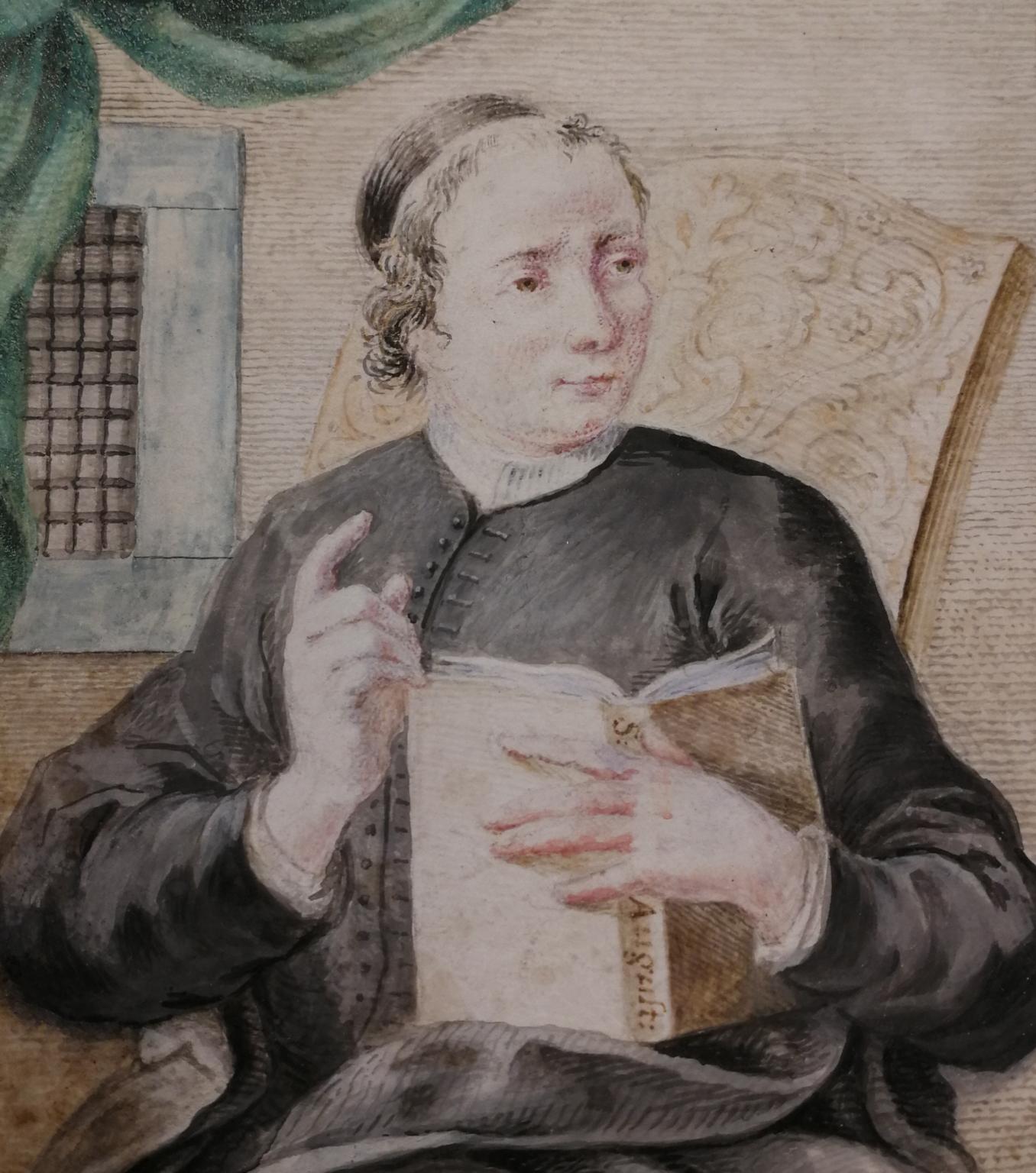 Dibujo figurativo religioso de retrato masculino del siglo XVIII sobre pergamino - Portrait Painting Brown de Giovan Battista Scarlatti Rondinelli