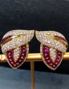 Estate GIOVANE 18K Rubí Diamante Pave Clip Cocktail Huggie Pendientes 12cttw