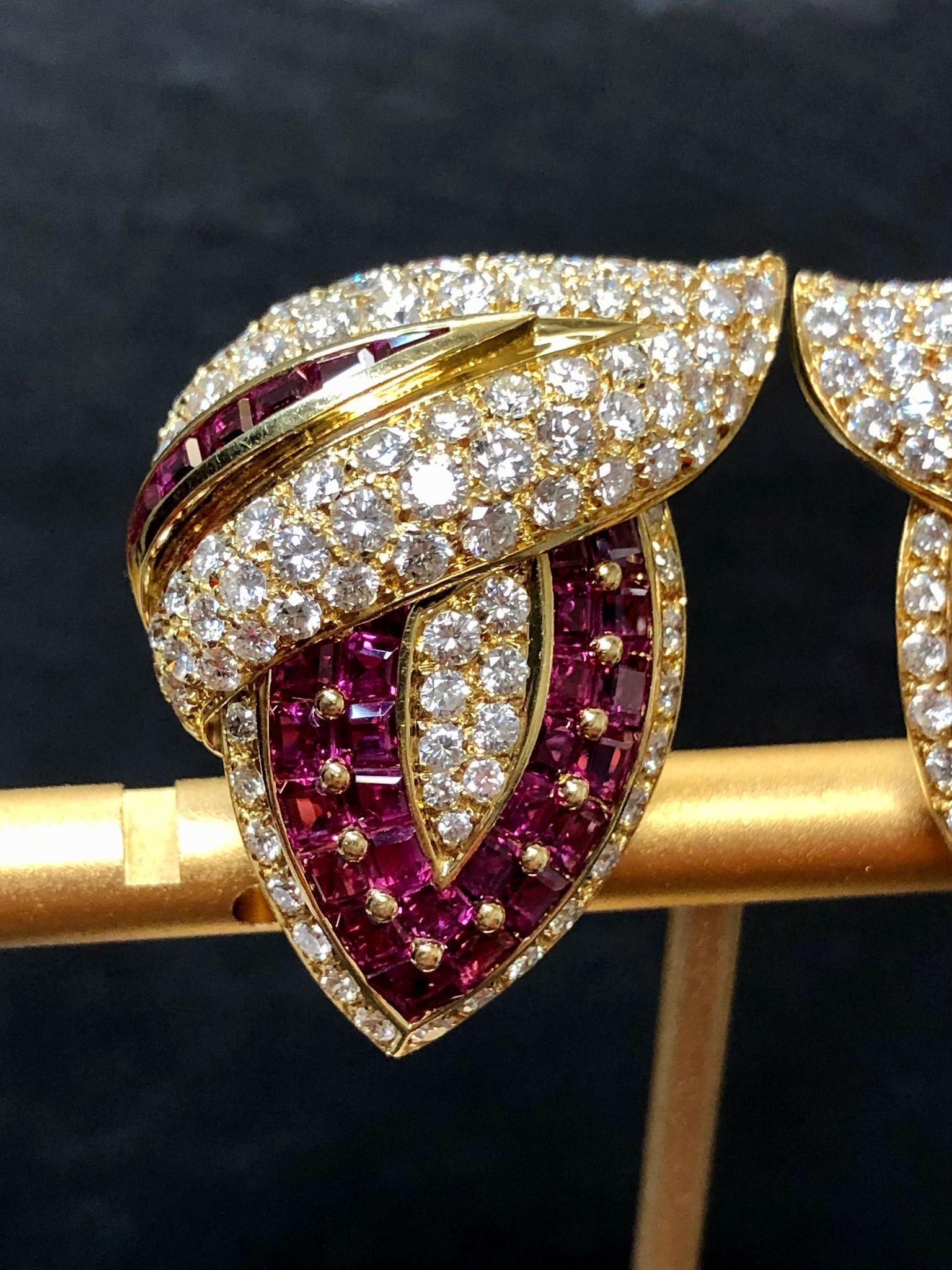 Square Cut GIOVANE 18K Ruby Diamond Pave Clip Cocktail Earrings For Sale
