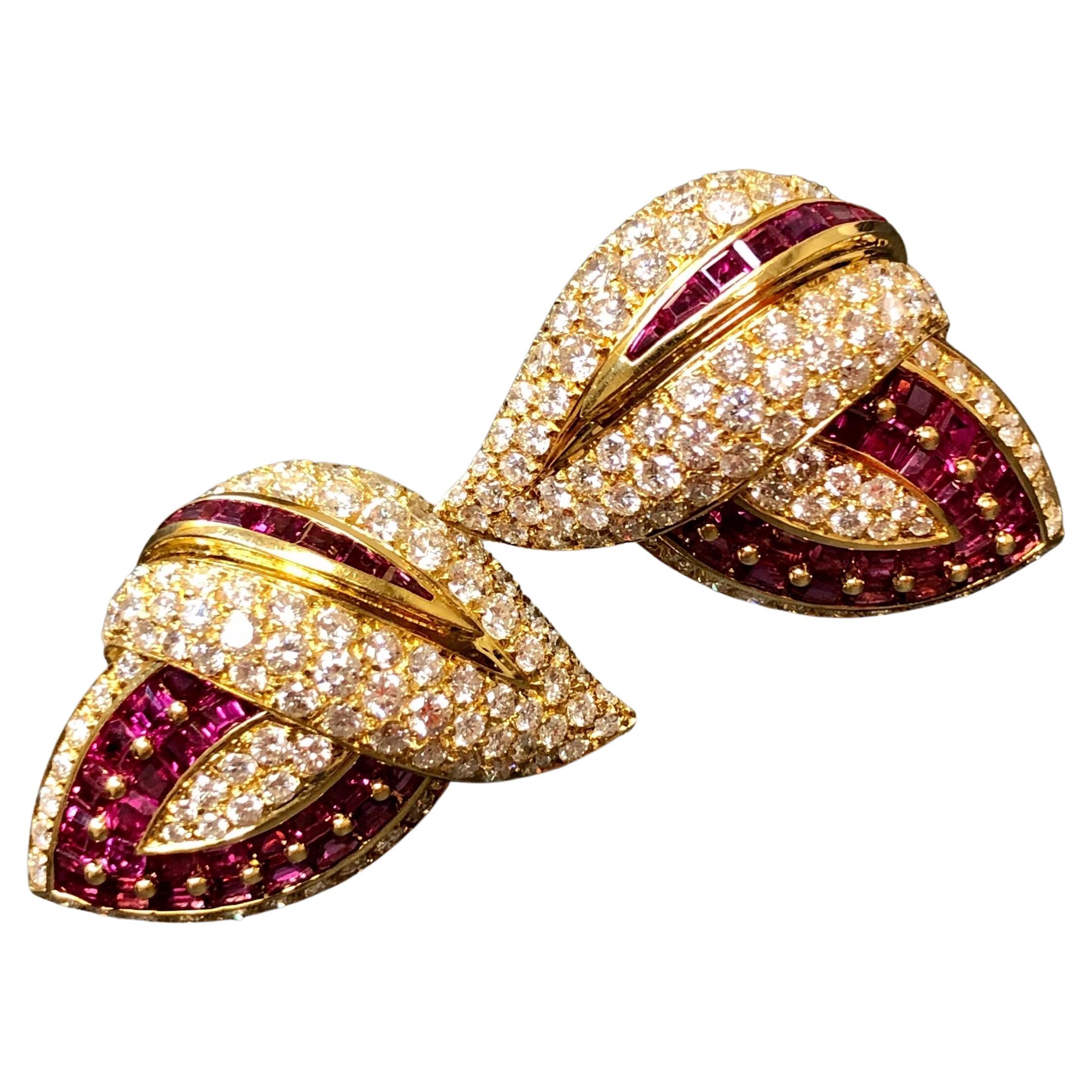 GIOVANE 18K Ruby Diamond Pave Clip Cocktail Earrings For Sale