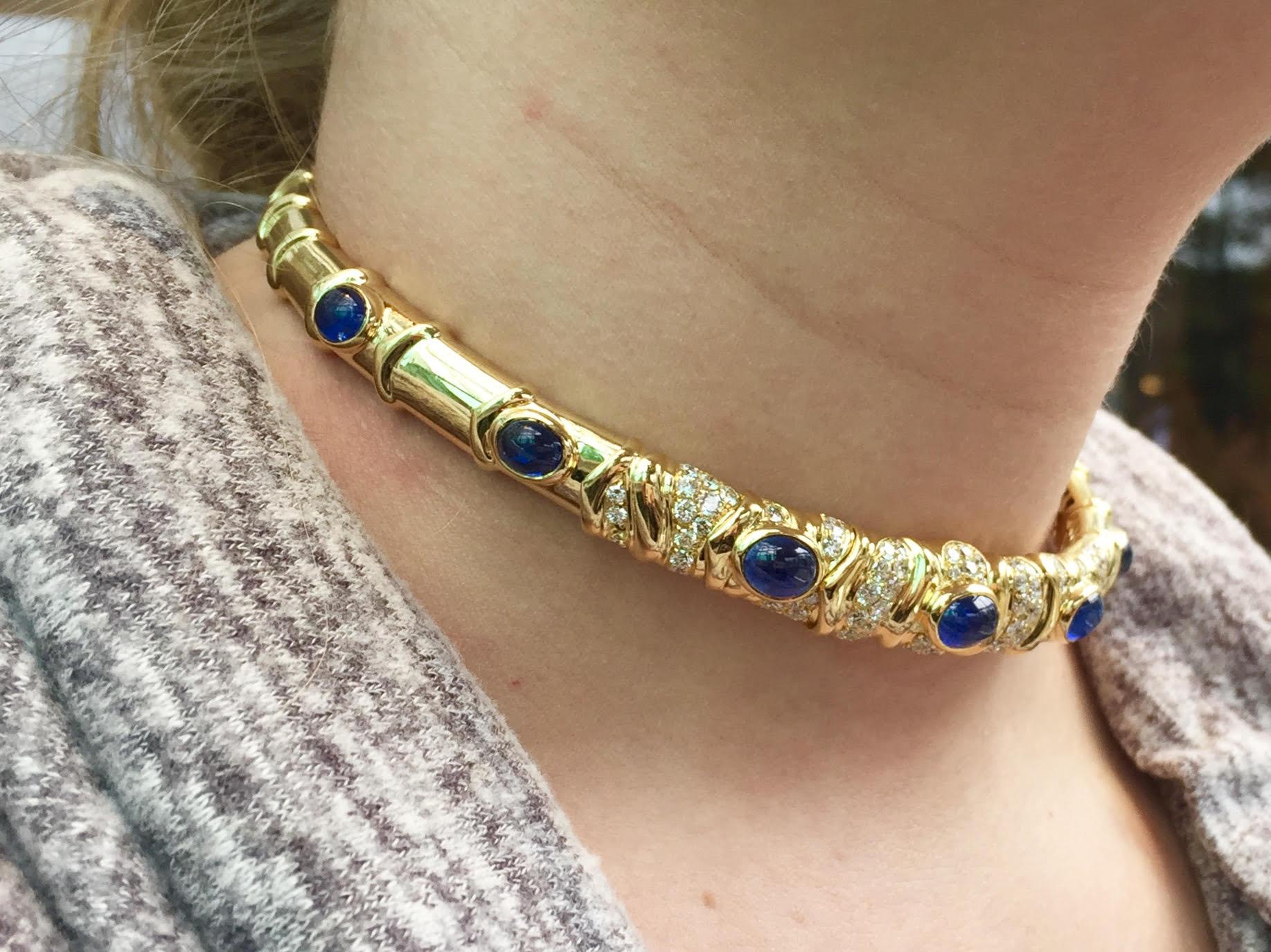 Giovane Blue Sapphire and Diamond 18 Karat Flexible Collar Necklace For Sale 6