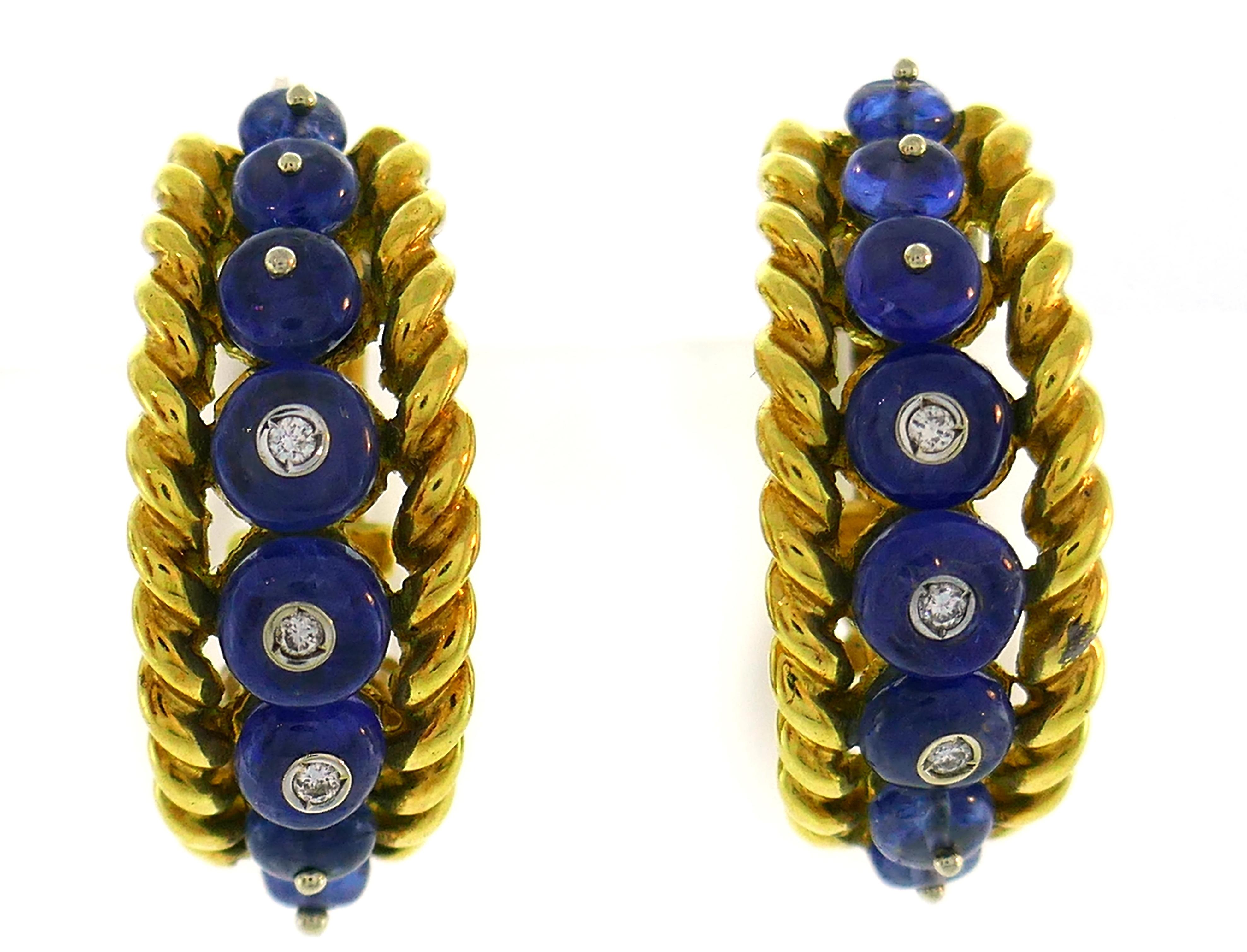 Round Cut Giovane Enamel Yellow Gold Earrings with Blue Sapphire Diamond, Day and Night